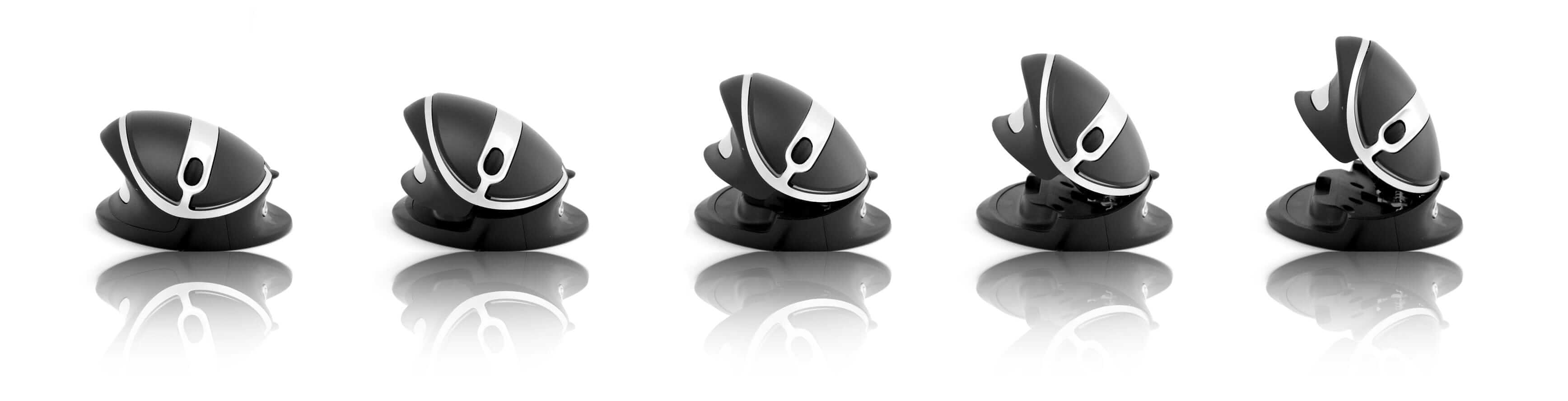 Five adjustable angles of the OysterMouse ergonomic vertical wireless mouse for right and left-handed users displayed in a row.