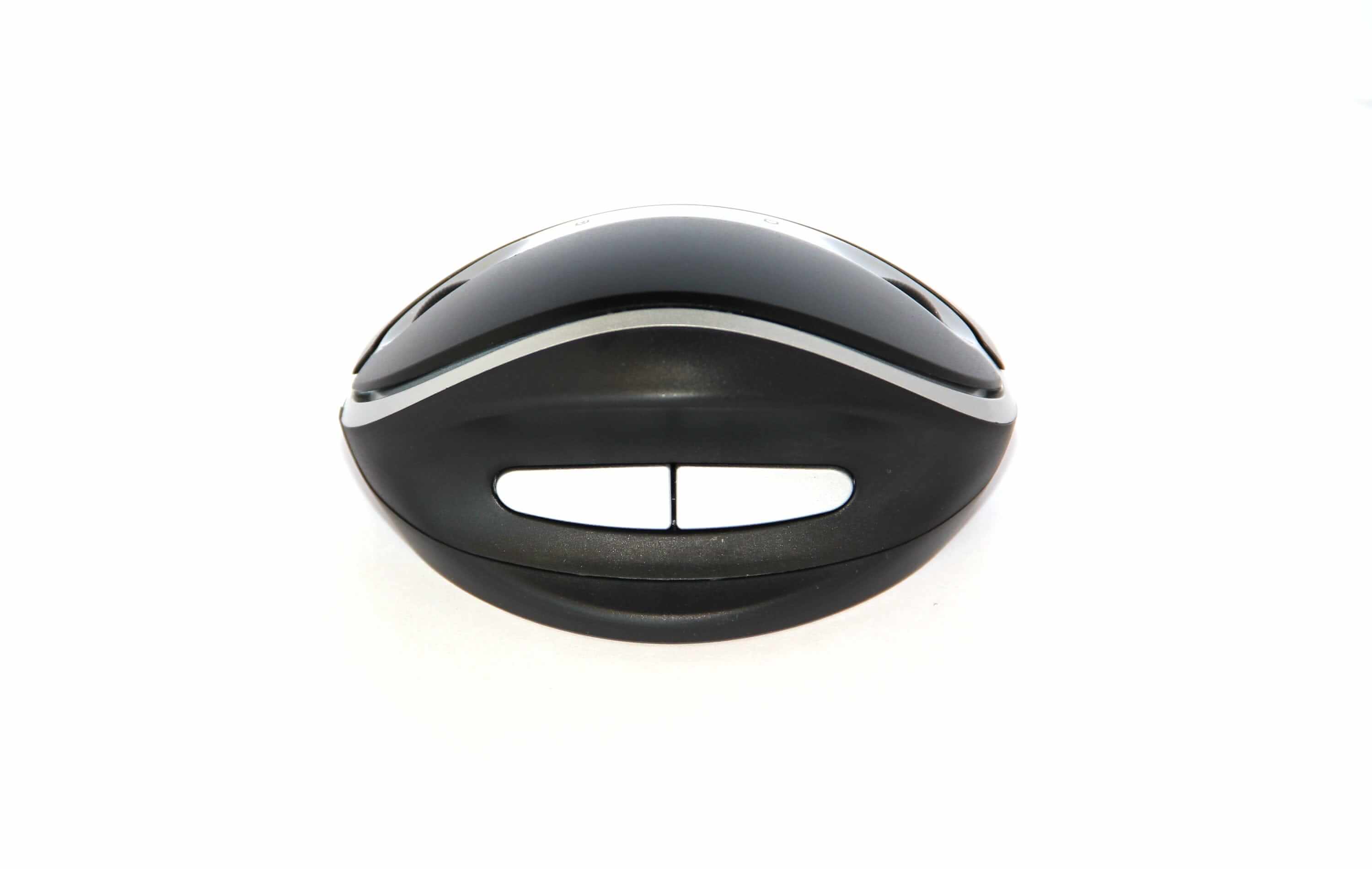 OysterMouse ergonomic wireless mouse, adjustable for right or left hand use, shown in a sleek black design.