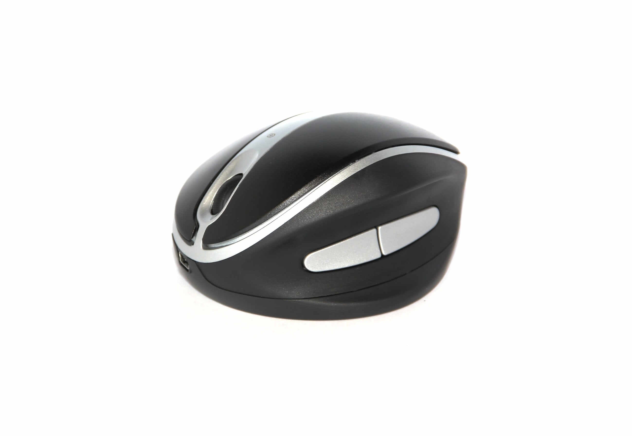 Ergonomic vertical wireless mouse with adjustable angles, designed for right and left-handed use in black and silver design.