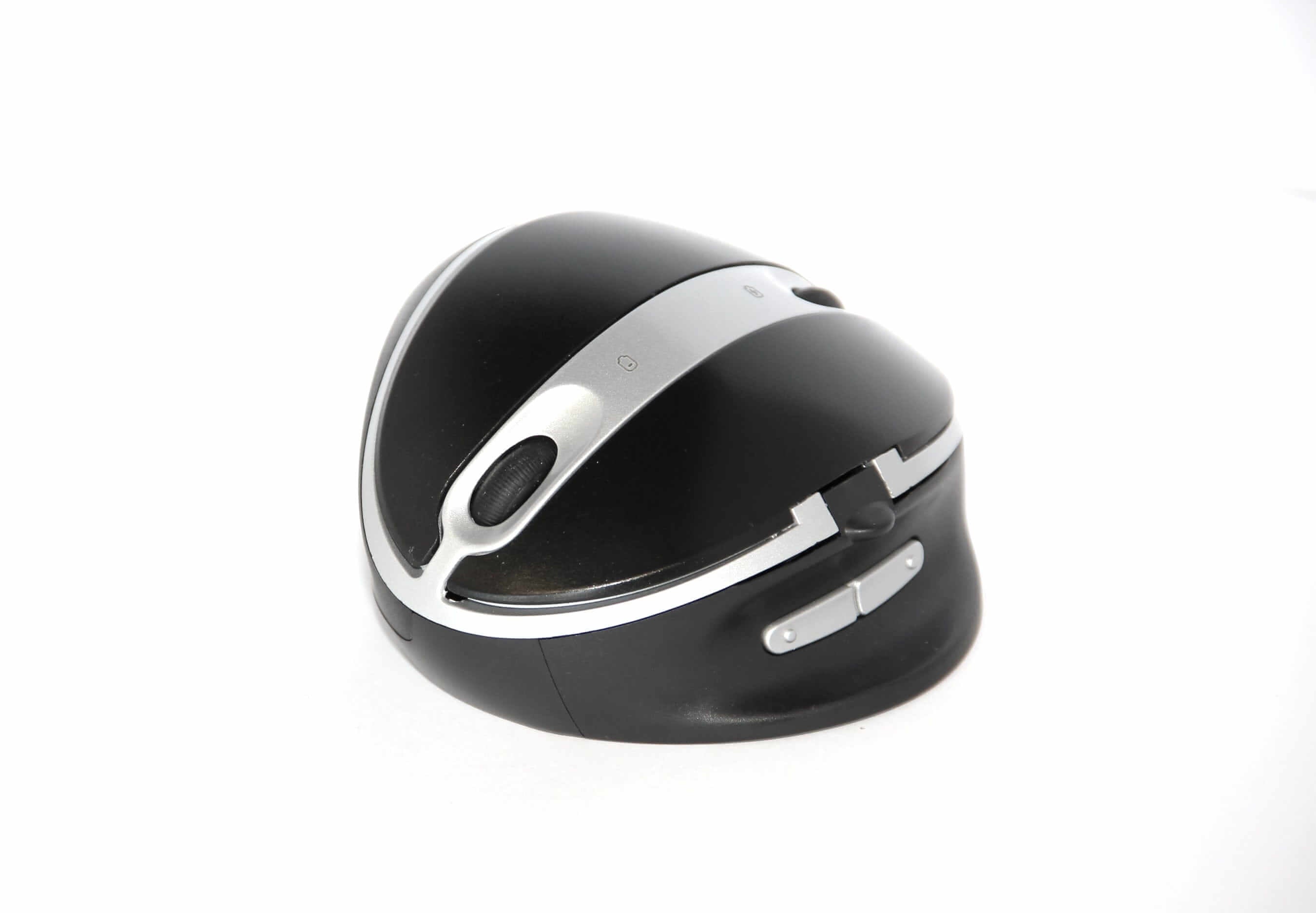 OysterMouse ergonomic vertical mouse, black and silver design, adjustable angles, for right and left-handed use.