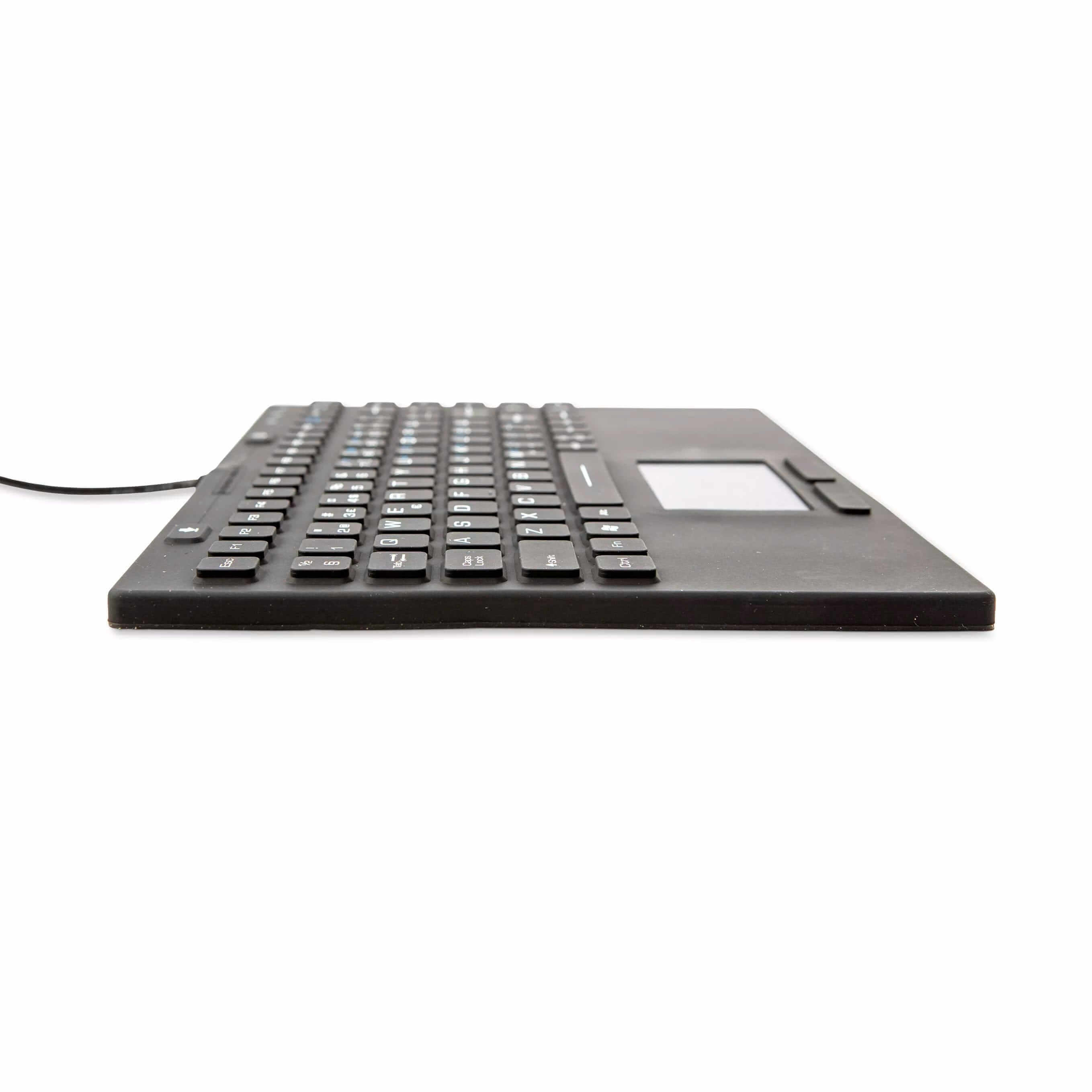 Slim Touch waterproof keyboard with integrated touchpad for industrial and medical use, showing side profile design.