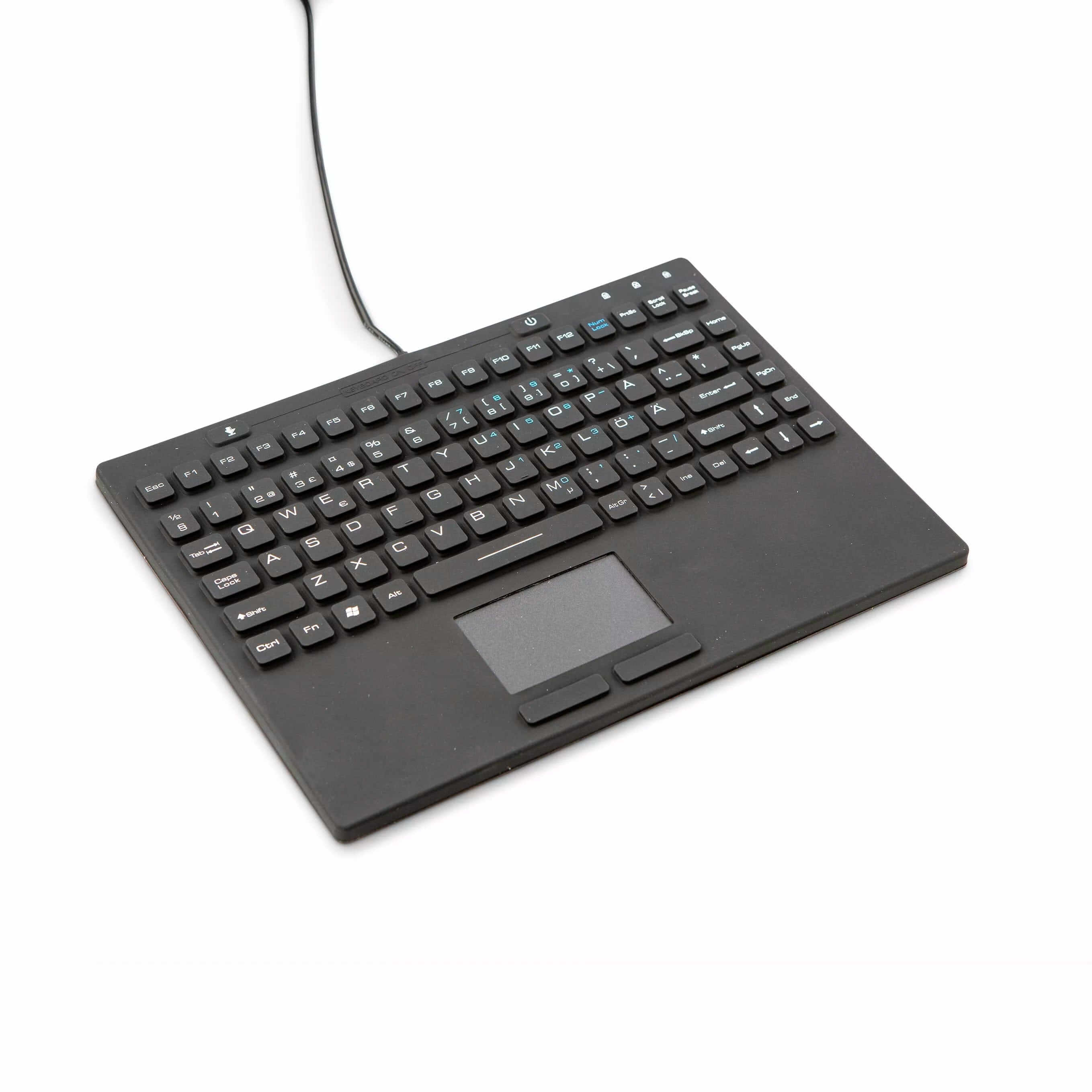 Slim Touch waterproof keyboard with built-in touchpad for industrial, marine, and medical environments. Dust and dirt resistant design.