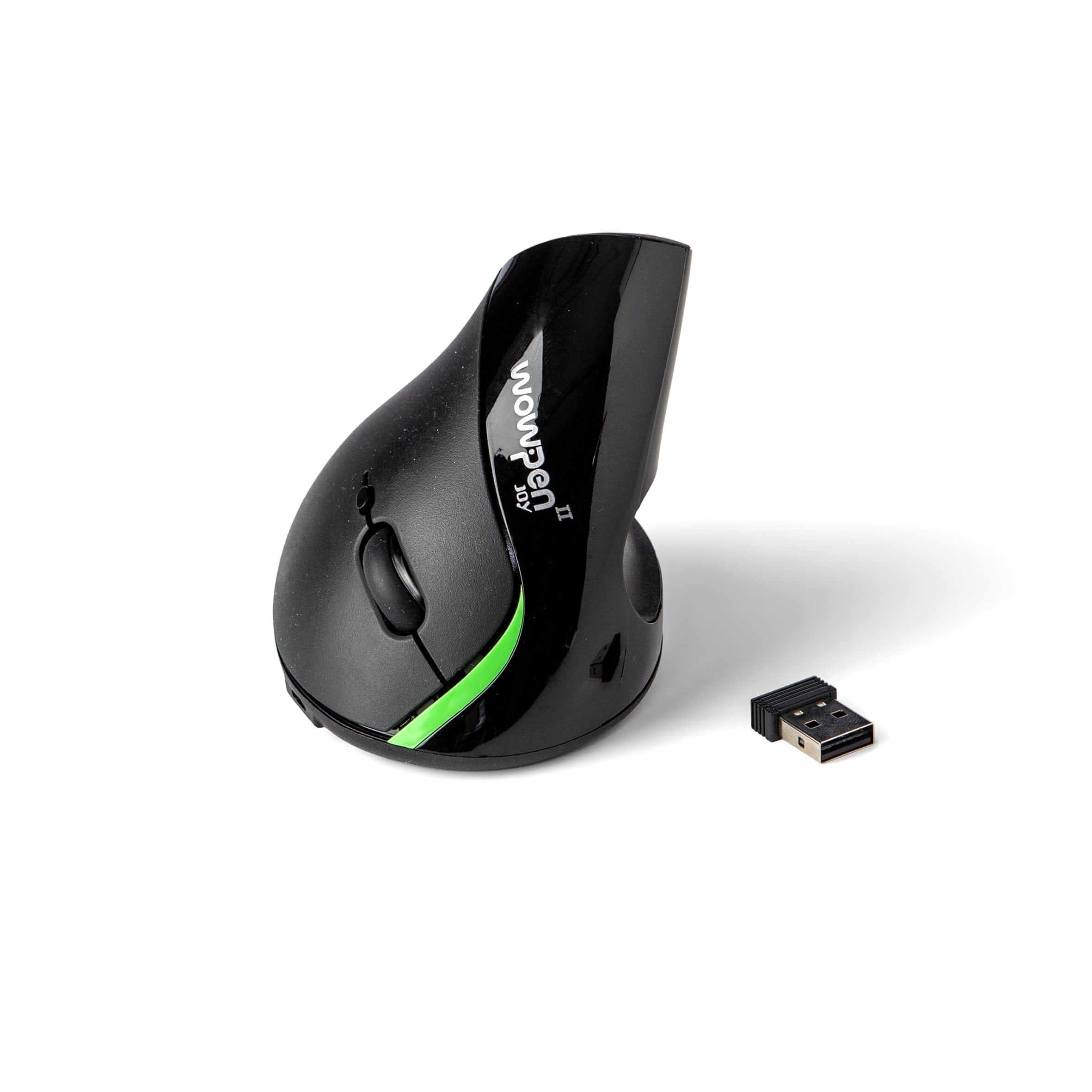 Vertical black Wow-Pen Joy 2 wireless mouse with USB receiver, featuring ergonomic design and green accent for right-handed users.