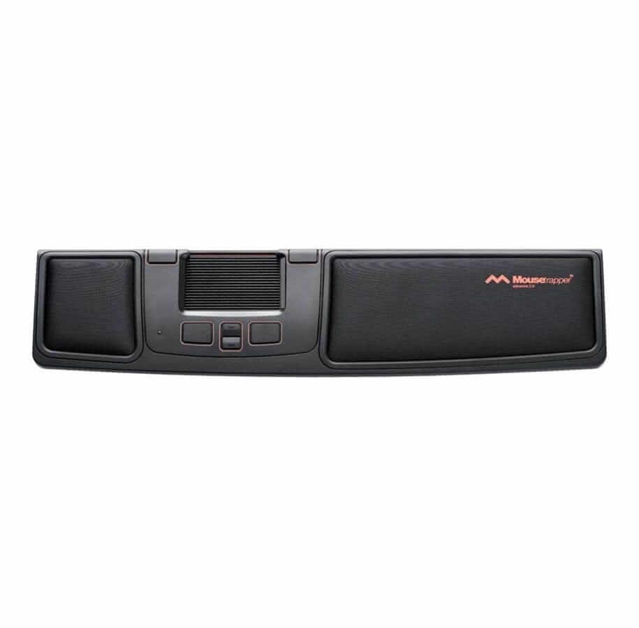 Mousetrapper Advance 2.0 mouse controller in black and coral, ergonomic design for strain prevention with six programmable buttons.