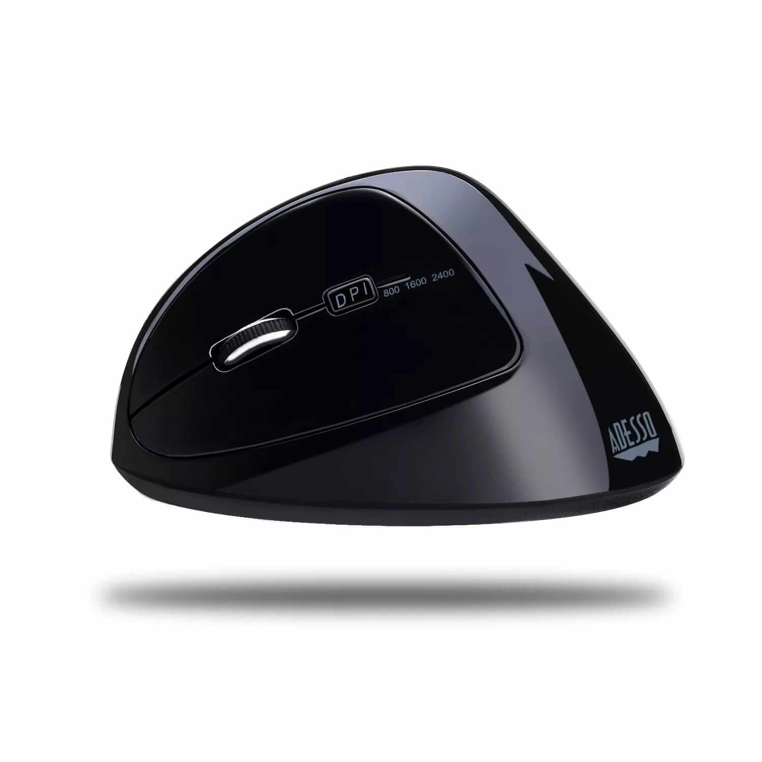 Wireless ergonomic vertical mouse with programmable buttons and sleek black design for comfortable, efficient use.