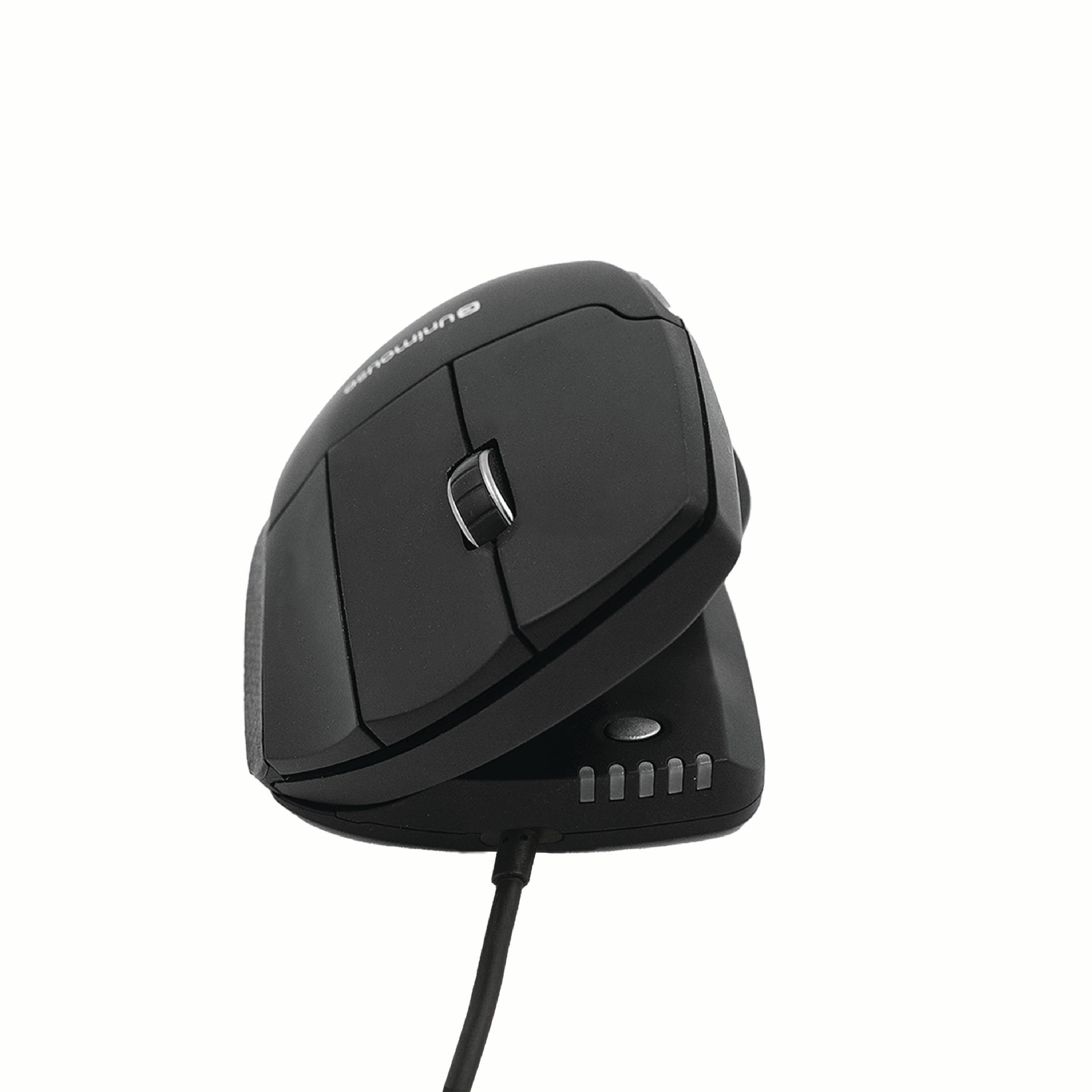 Ergonomic Unimouse wired mouse with adjustable angle and six programmable buttons for comfortable use and reduced wrist strain.