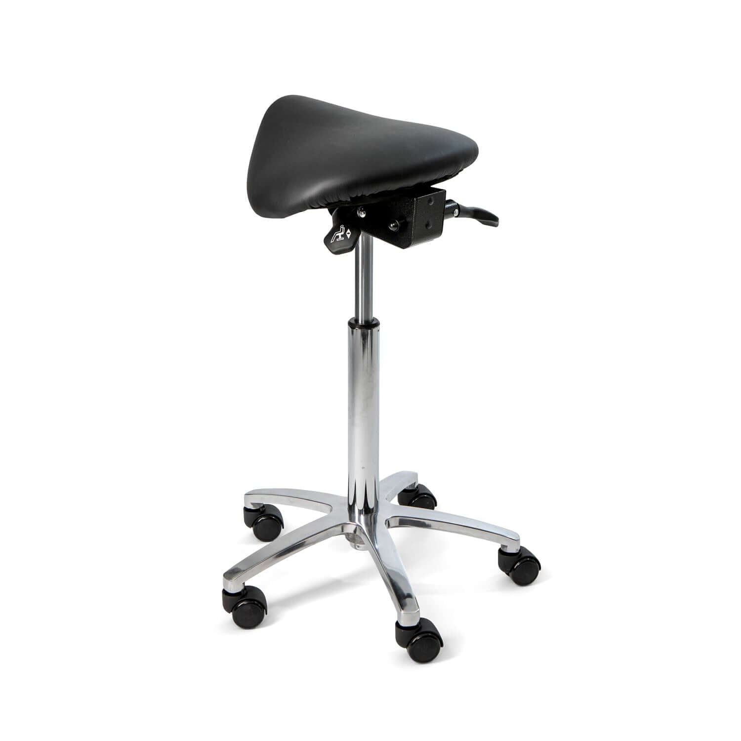 Matilda black leather ergonomic saddle chair with adjustable height, perfect for maintaining correct posture.