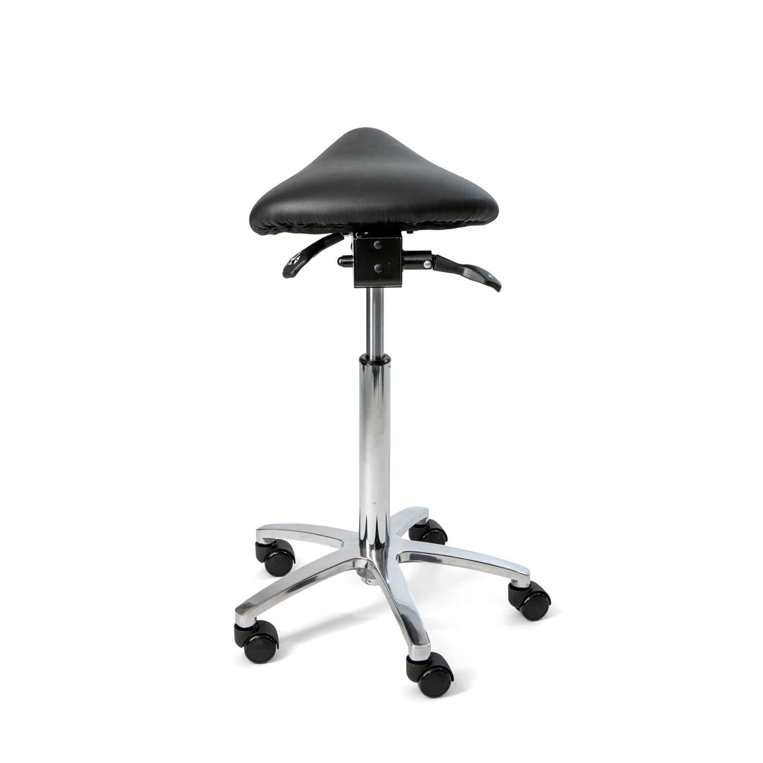 ErgoFinland Matilda black leather ergonomic saddle chair with adjustable height and tilt, designed for comfort and posture support.