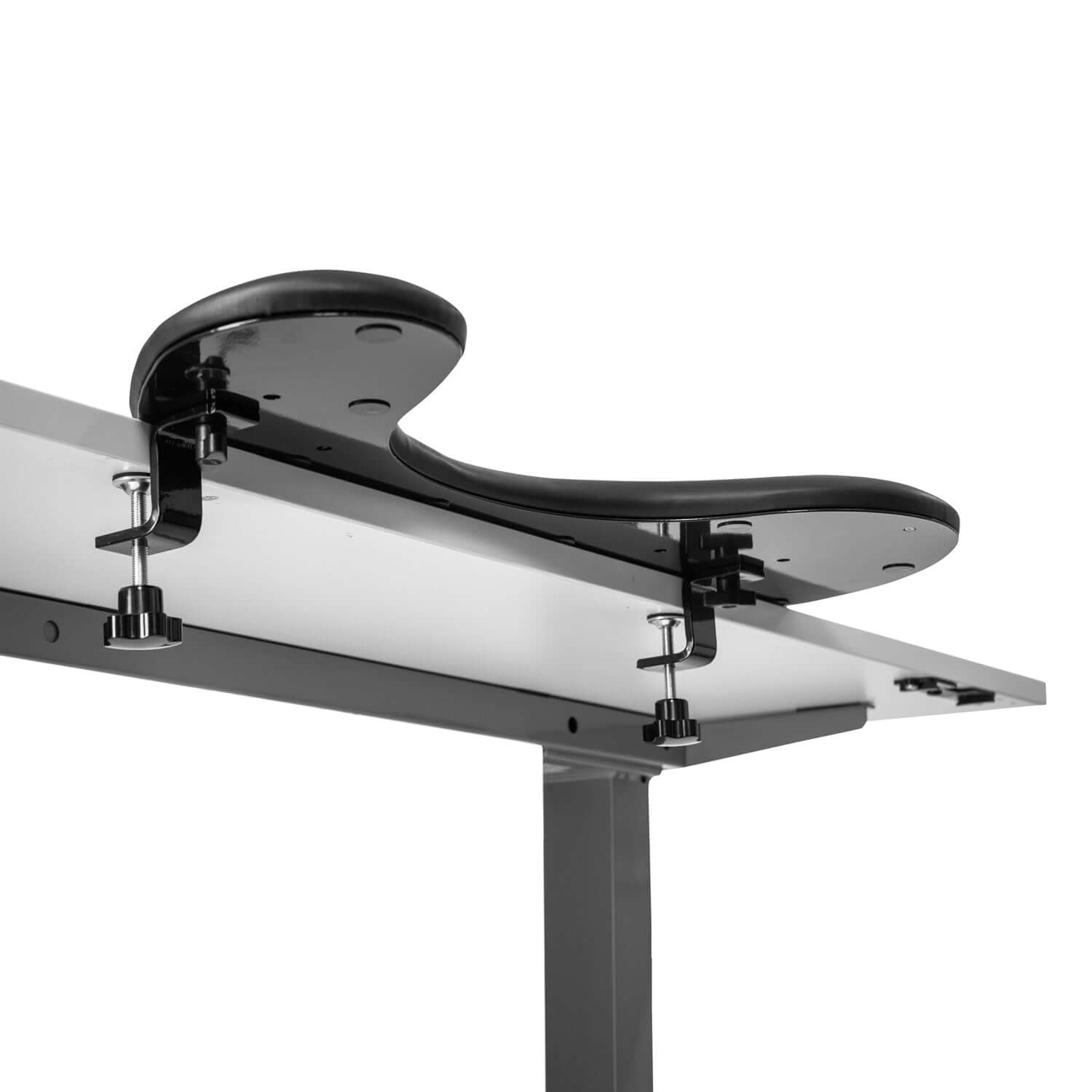 Ultra Slim Arm Support in black, mounted under desk, ergonomic design for low-profile keyboards, by ErgoFinland.