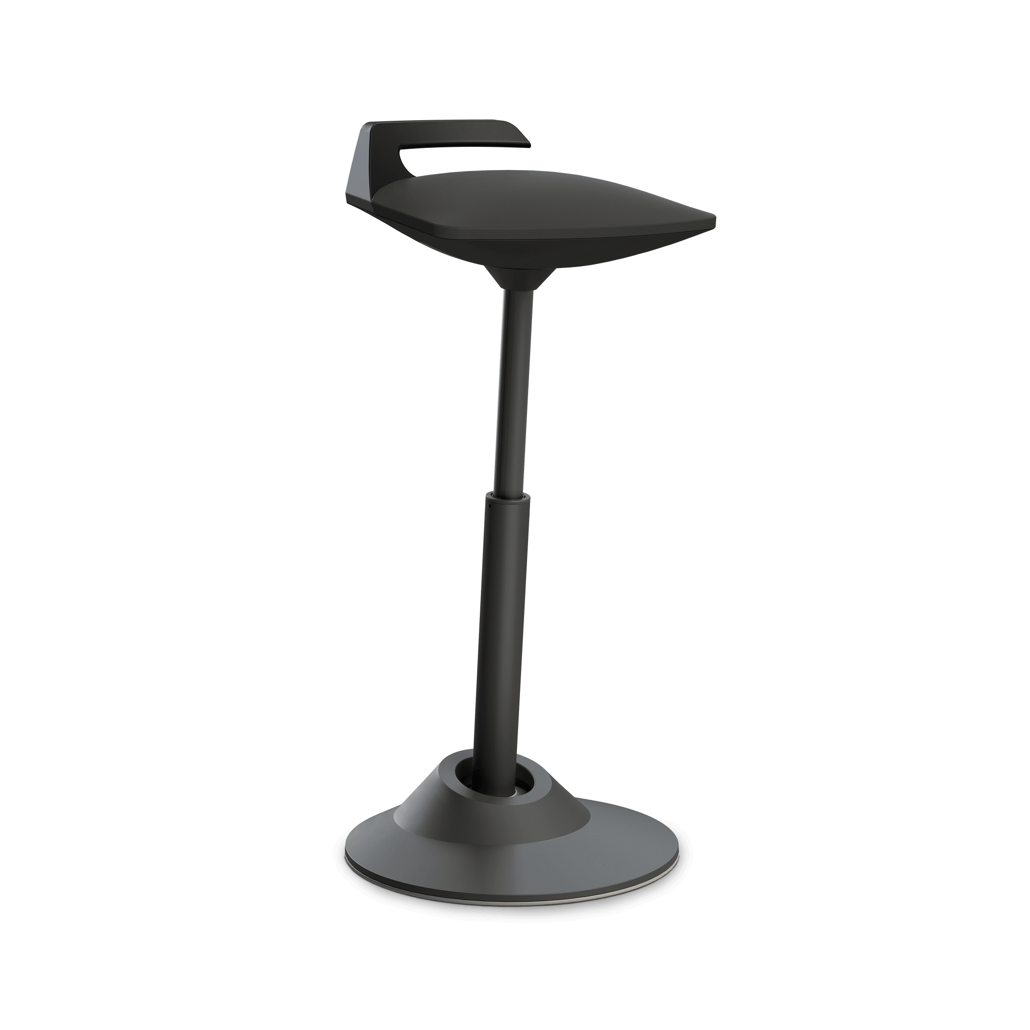 Muvman active chair in black artificial leather with adjustable height and carrying handle for versatile sitting and standing positions.