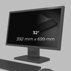 Privacy filter on 32-inch monitor displaying dimensions 392 mm x 699 mm with keyboard and mouse setup.