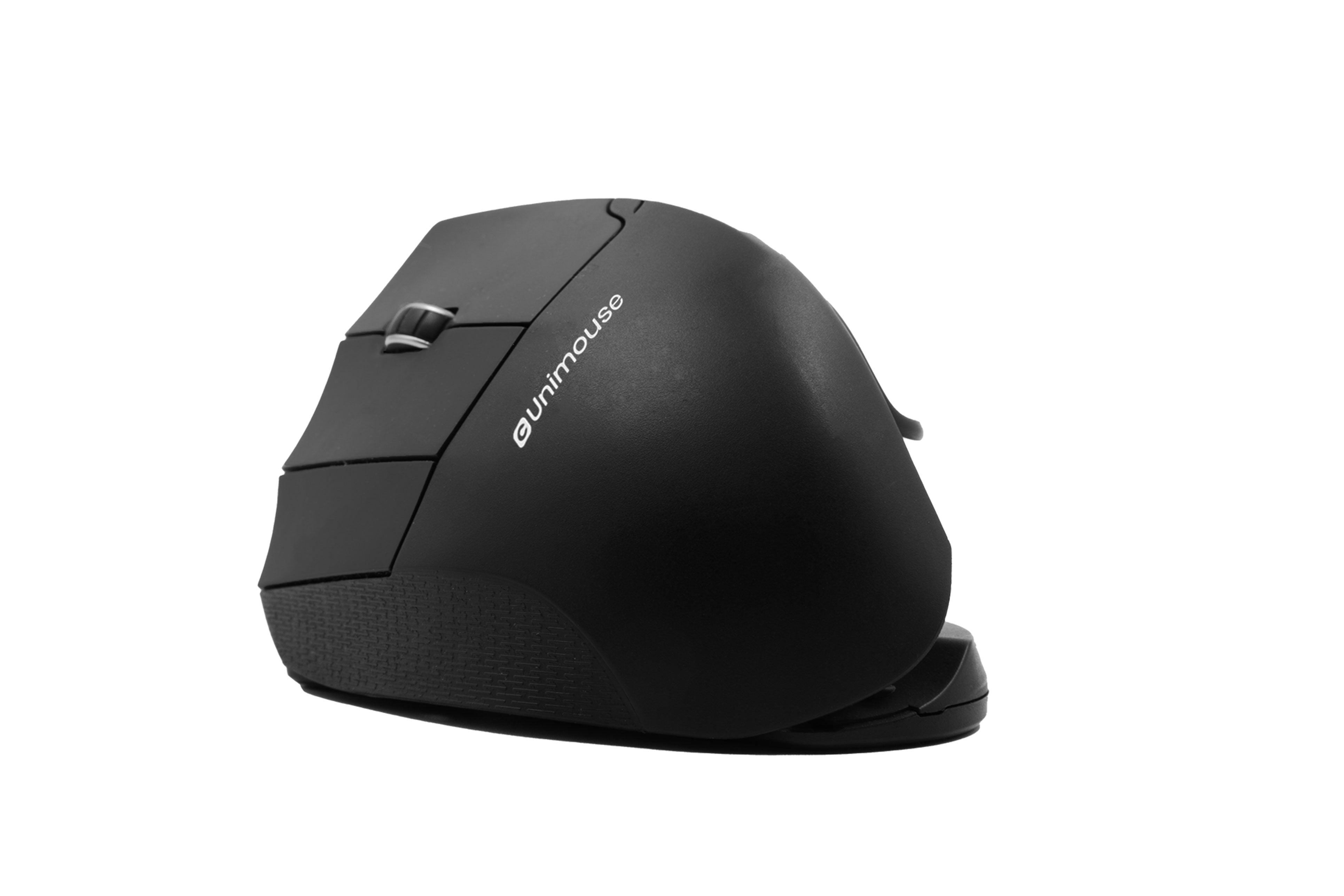 Ergonomic Unimouse wireless left-handed mouse with adjustable angle and six programmable buttons for comfortable use.