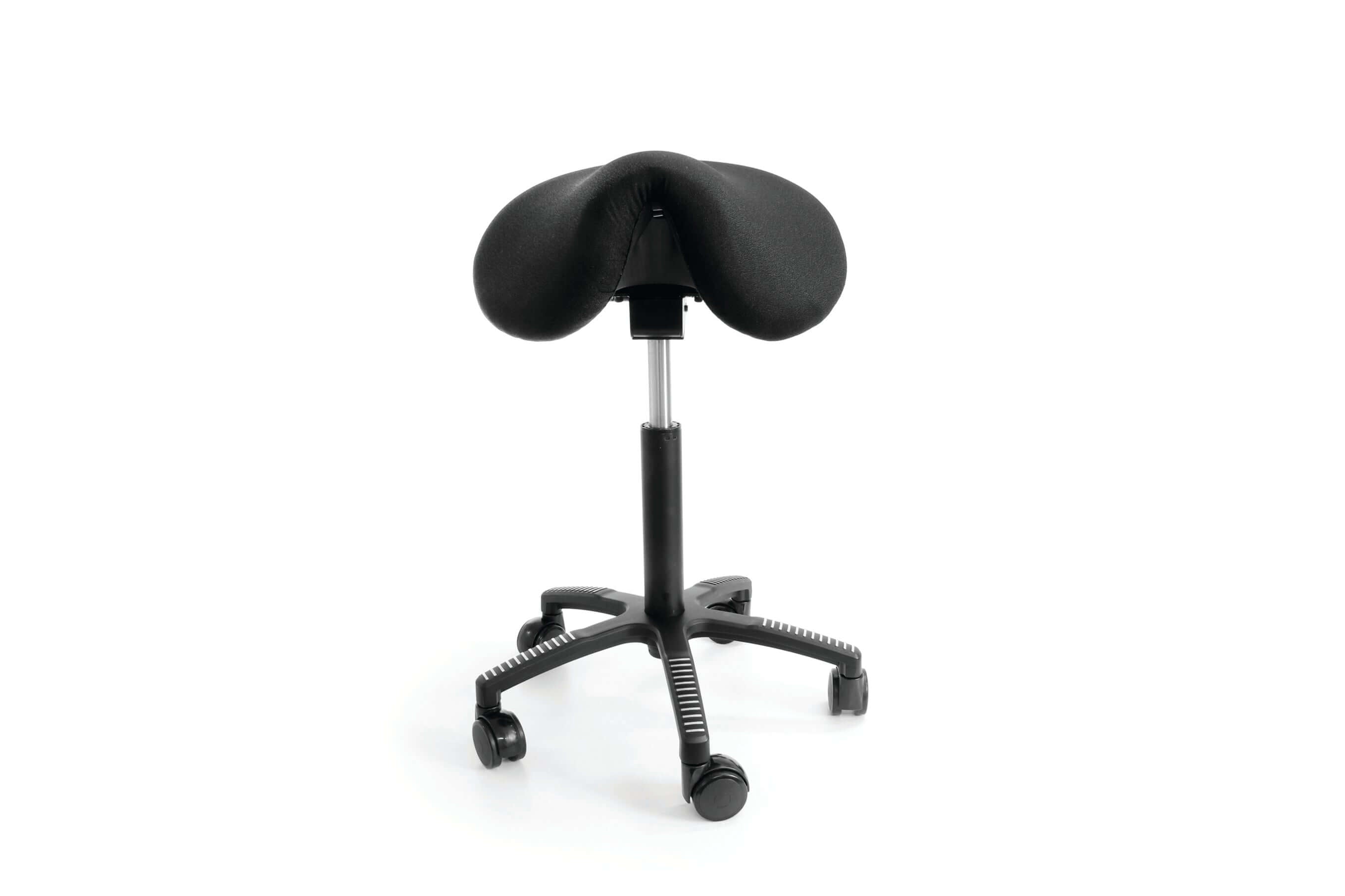 Black soft saddle chair with thermofoam cushion and adjustable seat tilt on wheels for comfort and posture support.