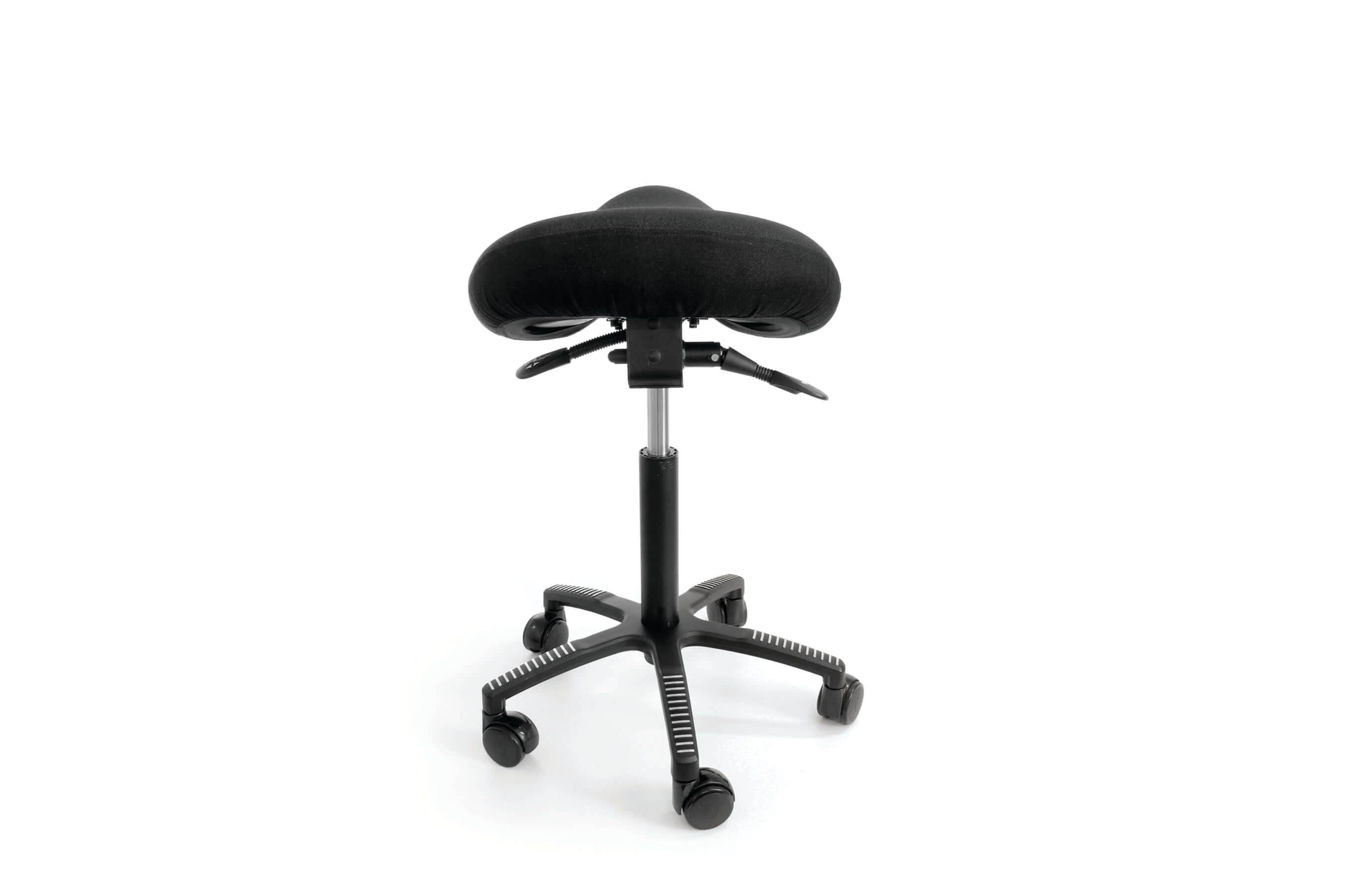 Black fabric soft saddle chair with thermofoam cushion and adjustable tilt, featuring durable upholstery for improved posture support.