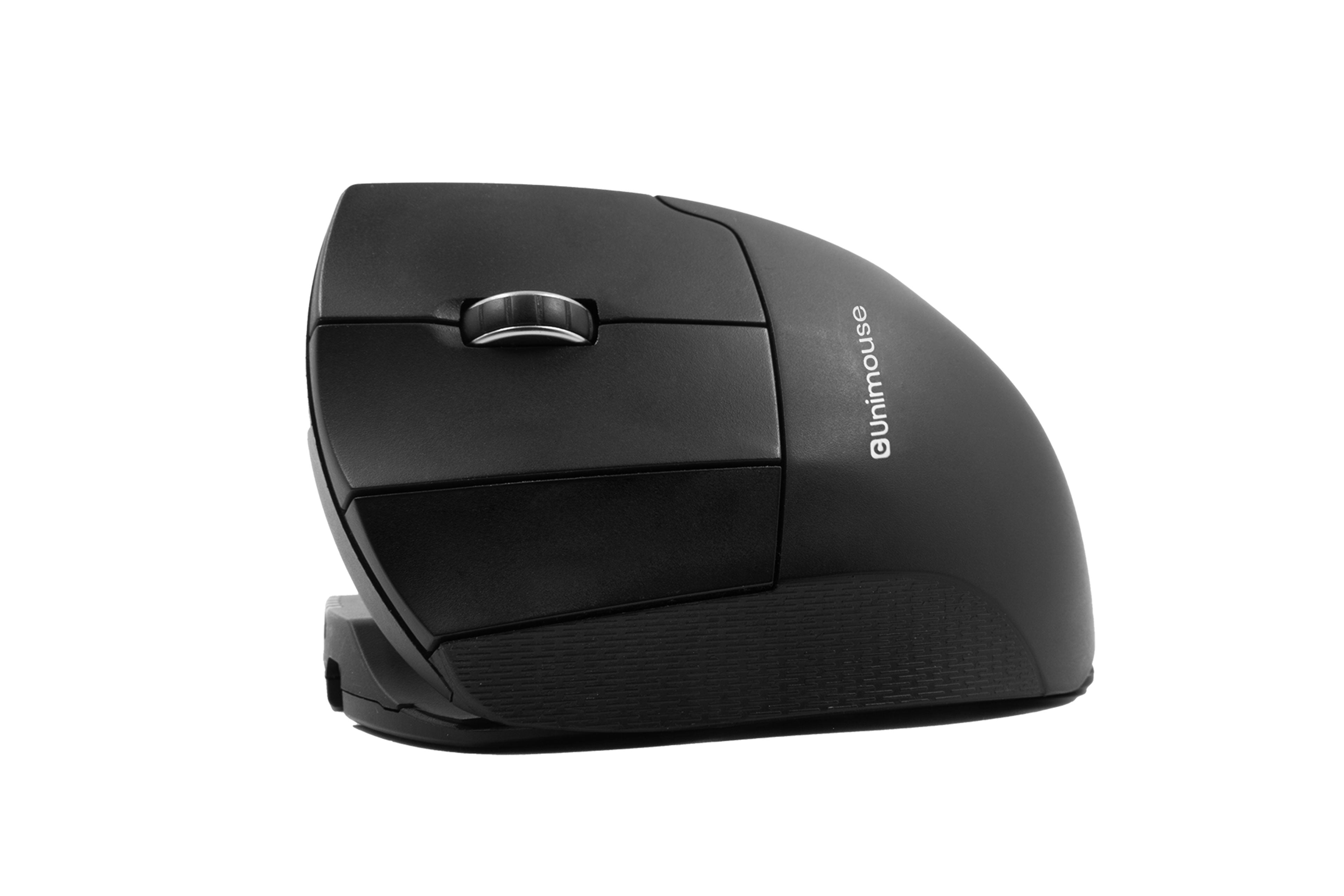 Ergonomic Unimouse wireless mouse with adjustable angle and left-hand design, featuring six programmable buttons for comfort and efficiency.