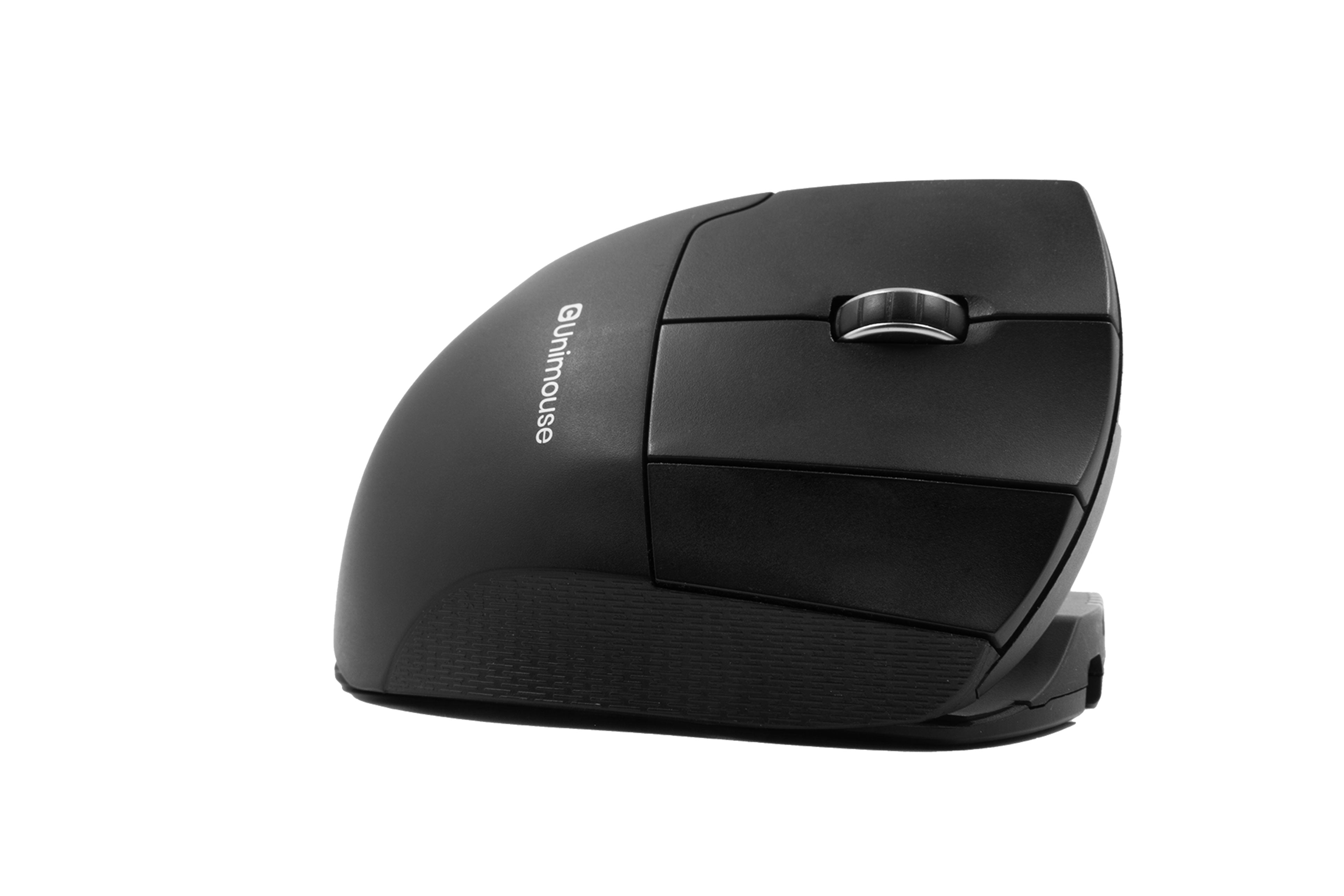 Ergonomic Unimouse wireless right-hand mouse with adjustable angle and 6 programmable buttons for comfortable and efficient use.