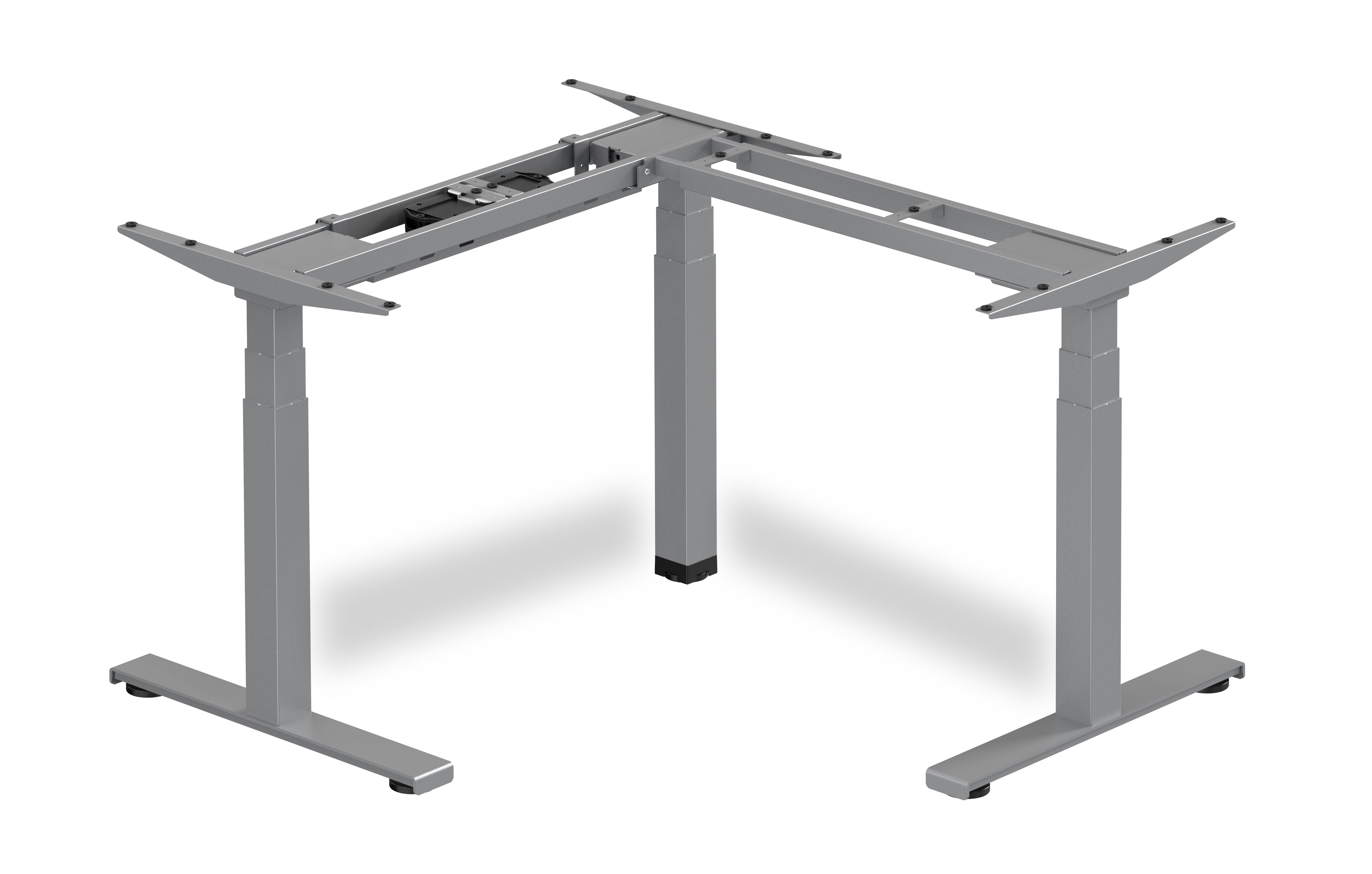 Grey GetUpDesk Trio electric height-adjustable frame with three silent motors for ergonomic versatility in workplaces.