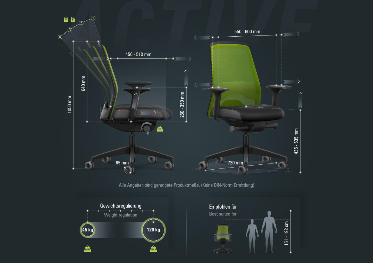 Green mesh ergonomic chair with Flextech synchro mechanism and adjustable T-armrests, promoting active sitting through micro-movements.