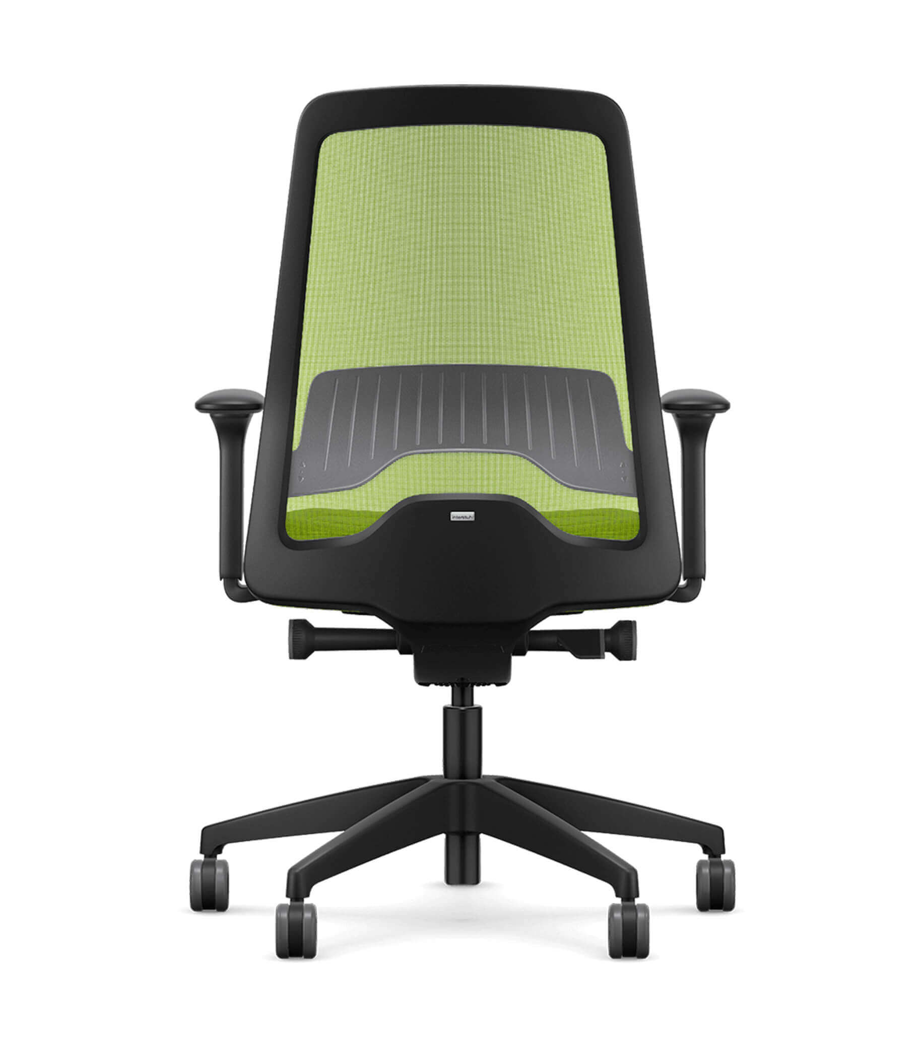 Ergonomic chair with green mesh back and T-armrests featuring Flextech synchro mechanism for active sitting and spinal mobilization.