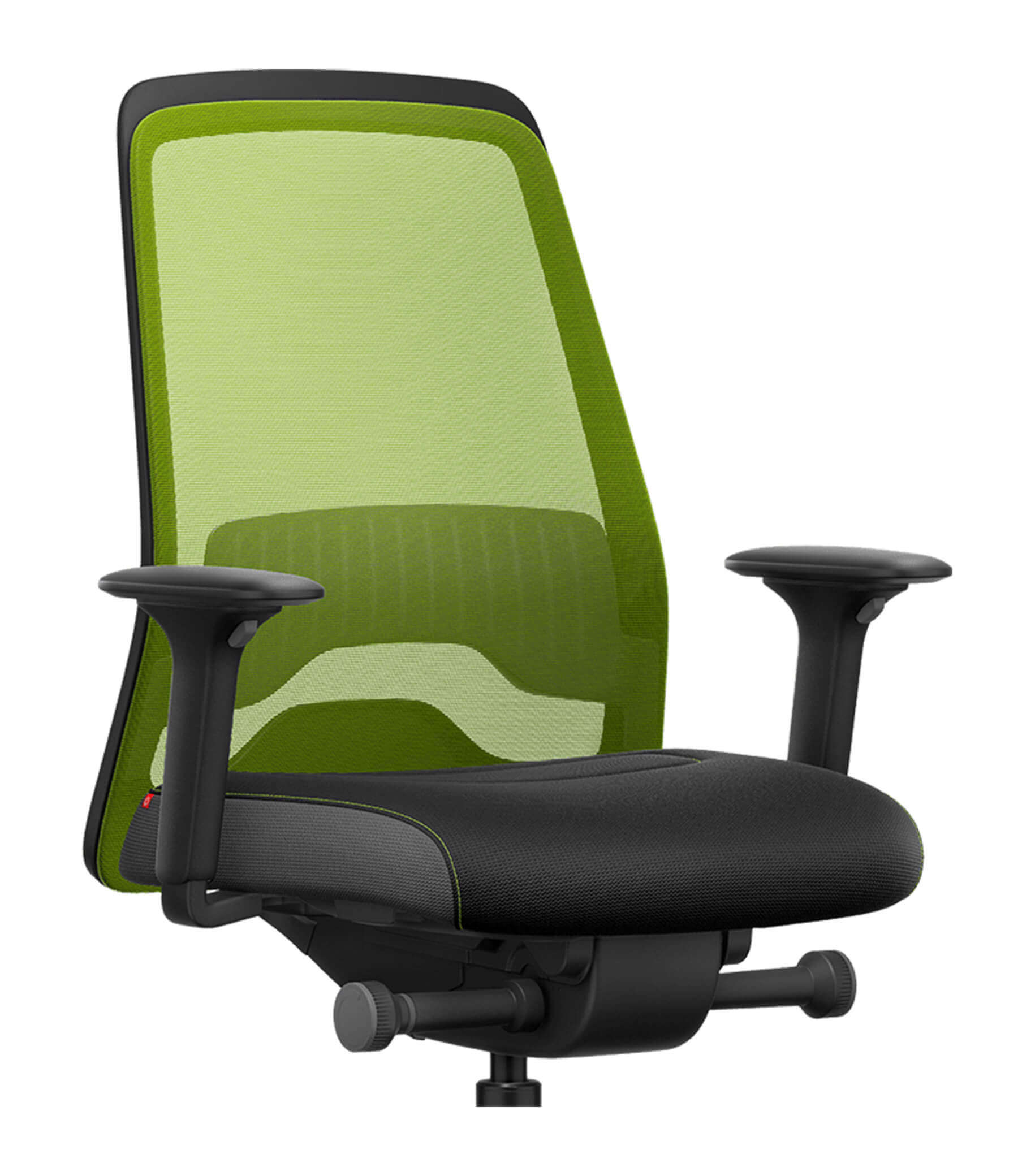 Green mesh ergonomic chair with T-armrests featuring Flextech synchro mechanism for enhanced comfort and active sitting.