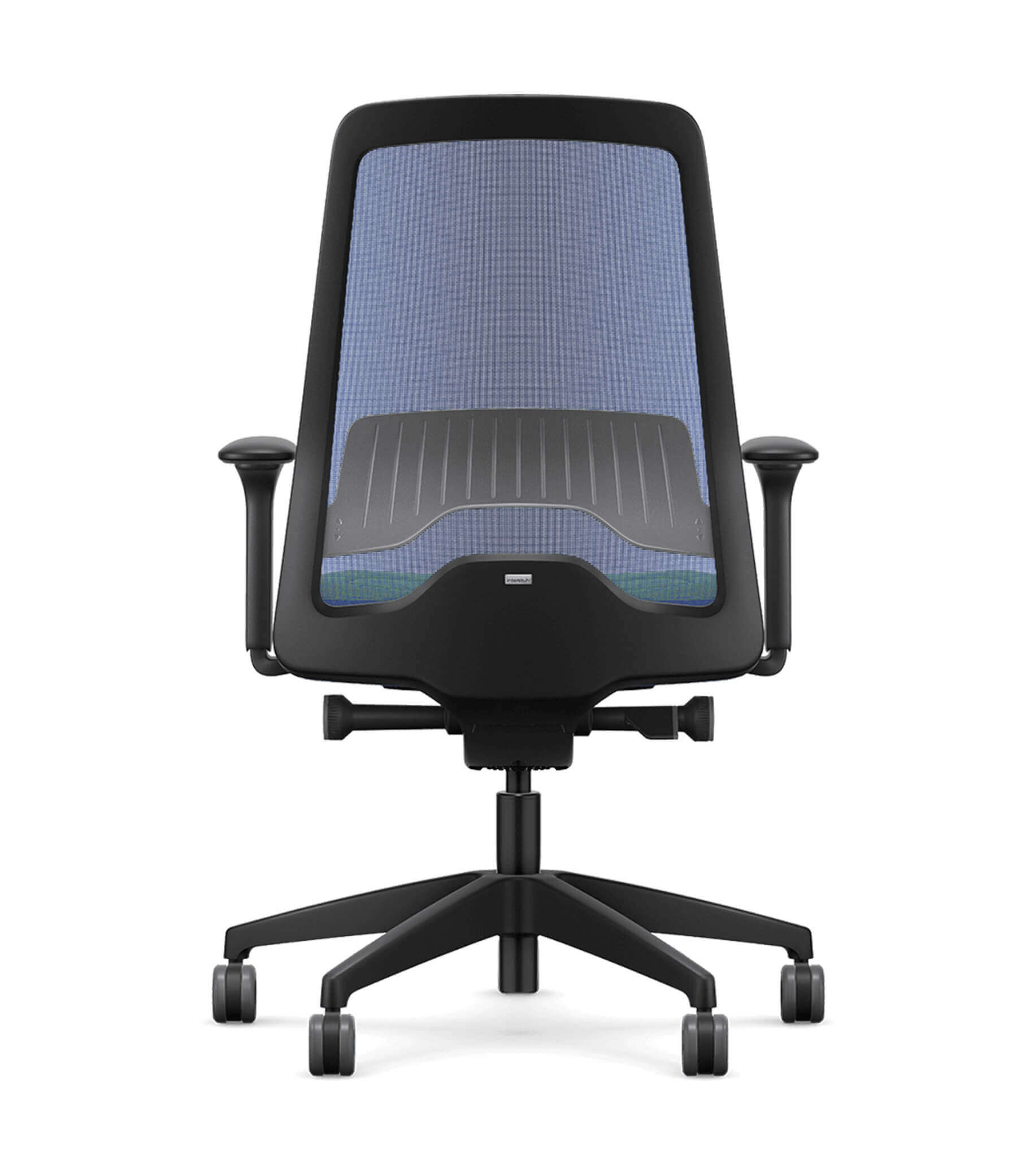 Ergonomic office chair with blue mesh back, T-armrests, and Flextech synchro mechanism for improved posture and blood circulation.