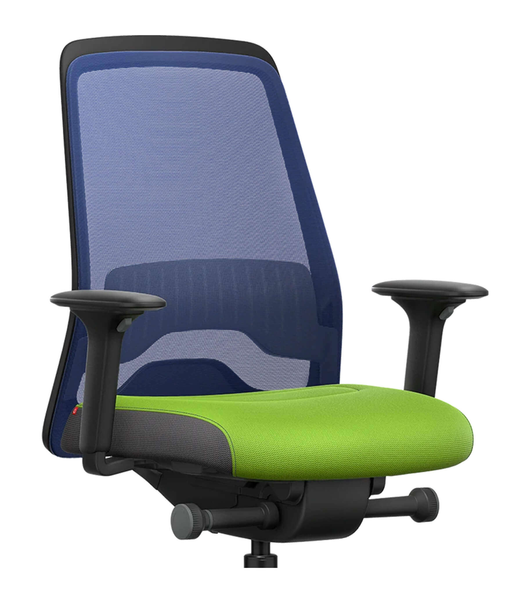 Ergonomic Flextech chair with blue mesh back and green seat featuring T-armrests and adjustable synchro mechanism.