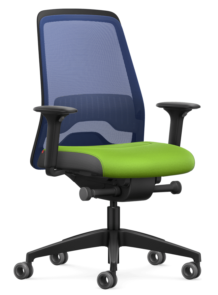 Ergonomic office chair with blue mesh back and T-armrests, featuring Flextech Synchro Mechanism for active, customizable seating.