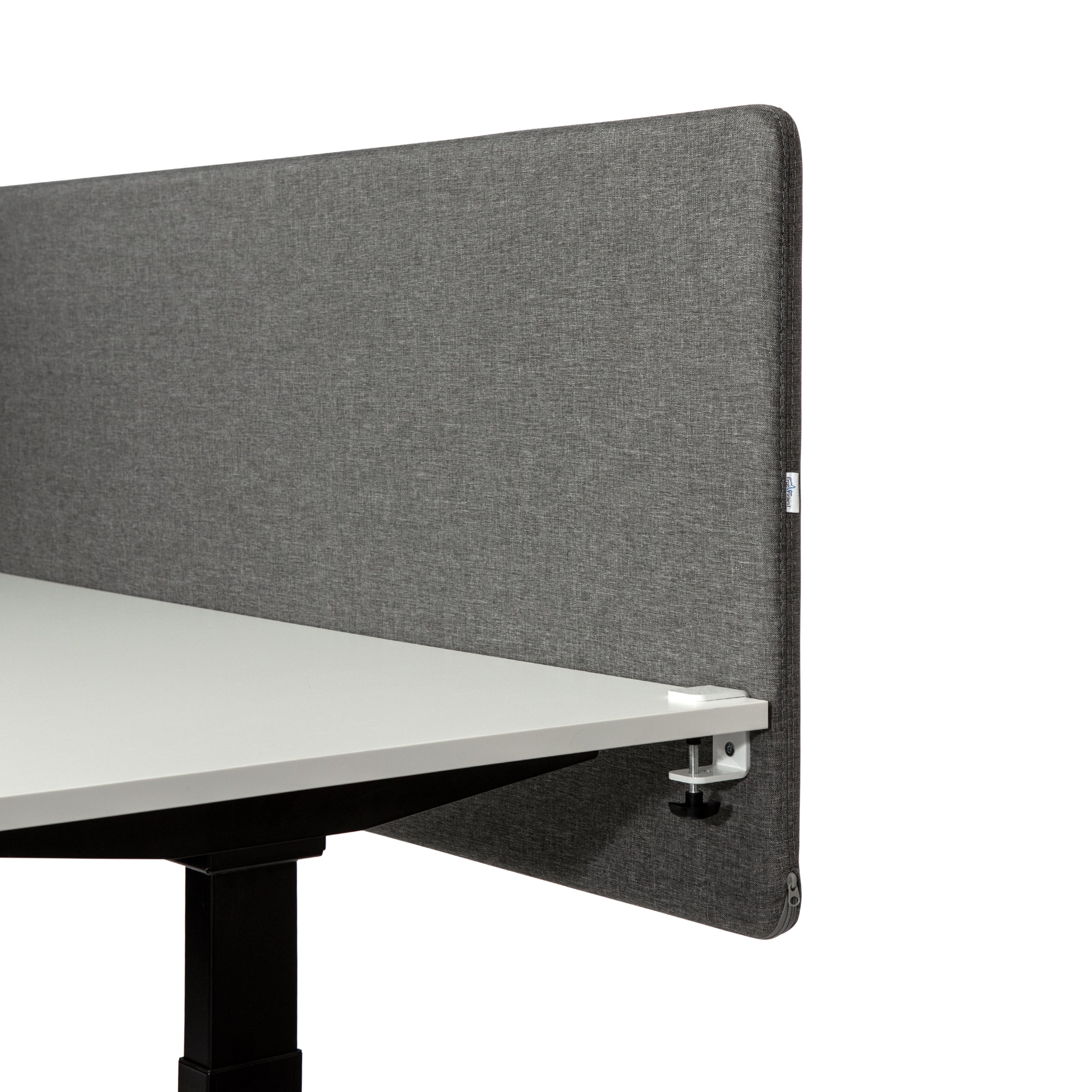 Grey Savio 09 soundproof screen mounted on a desk, providing privacy and sound insulation for a calm workspace environment.