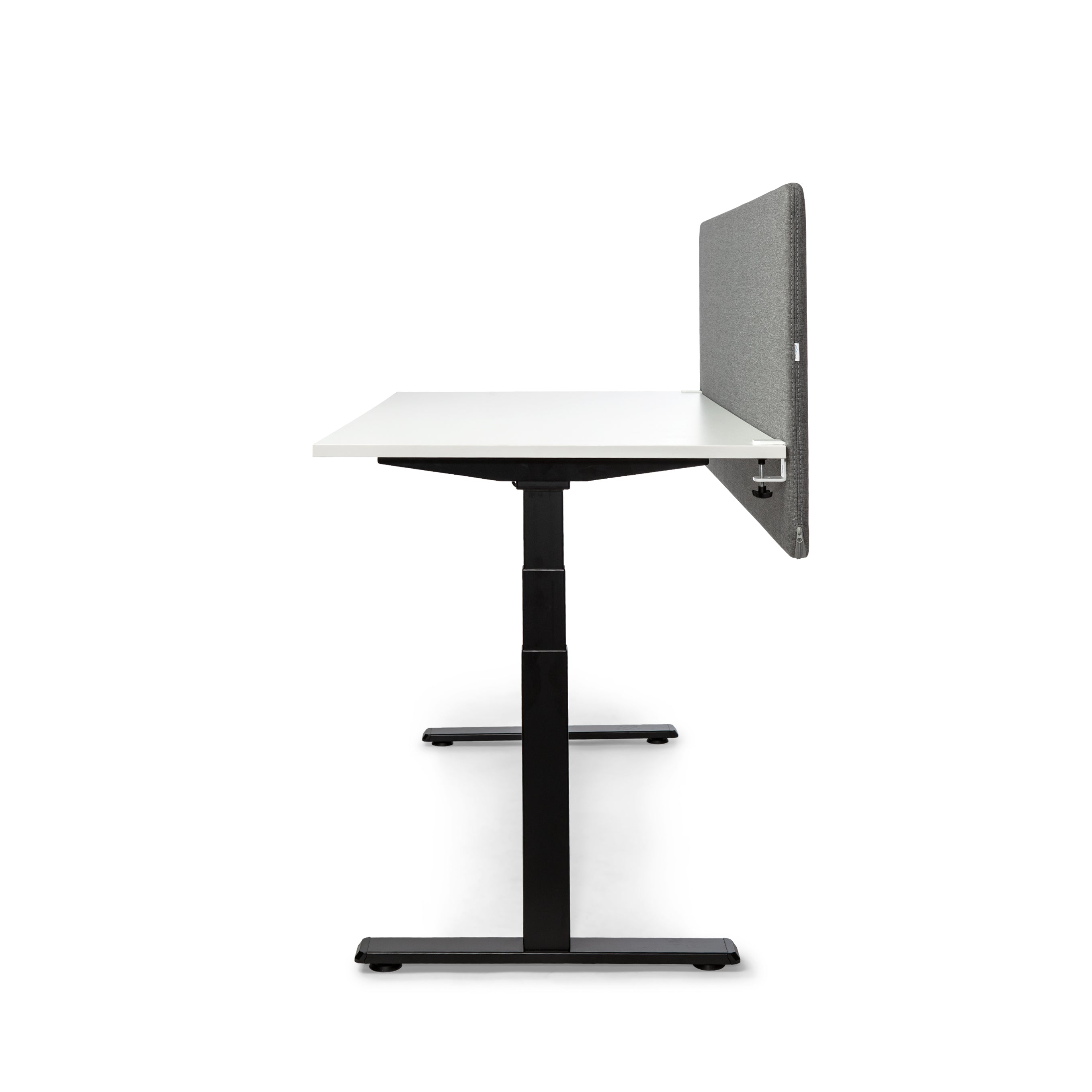 Grey soundproof desk-mounted screen for privacy and focus in open office.