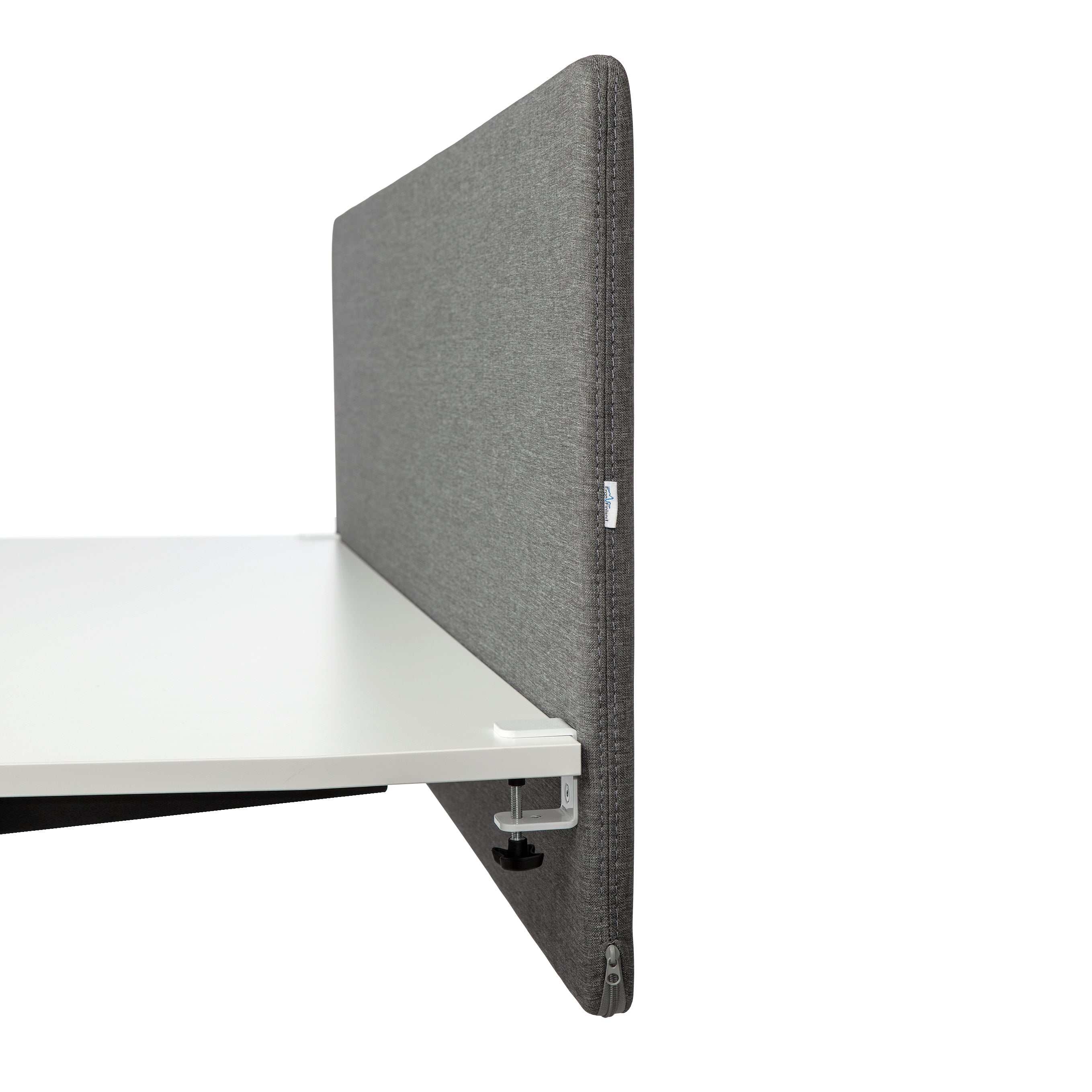 Grey soundproof desk screen Savio 09, 2000x800 mm, providing privacy and sound insulation in an office setting.