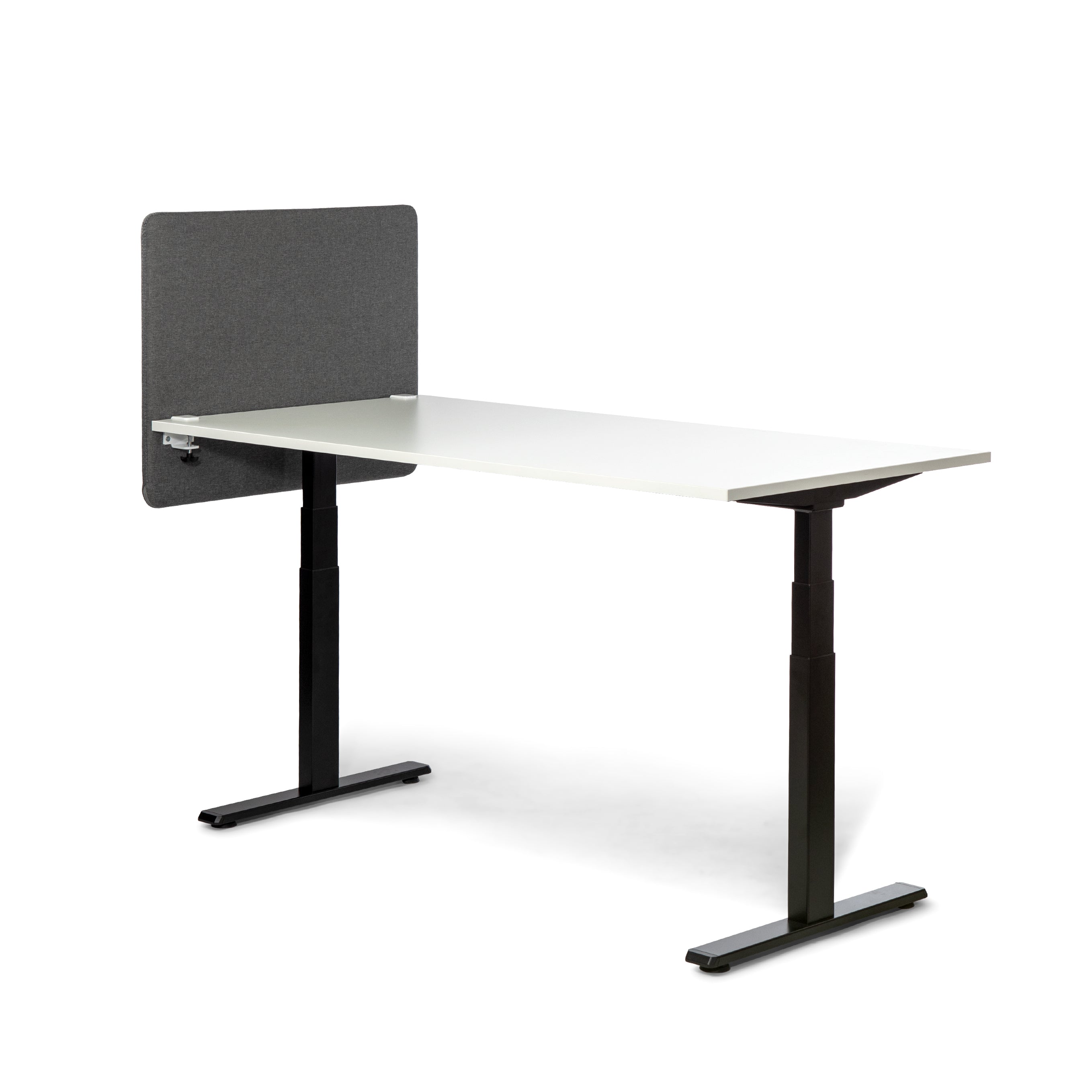 Grey soundproof screen on a desk, Savio 09, enhancing privacy and focus in workspace, 800x800 mm.