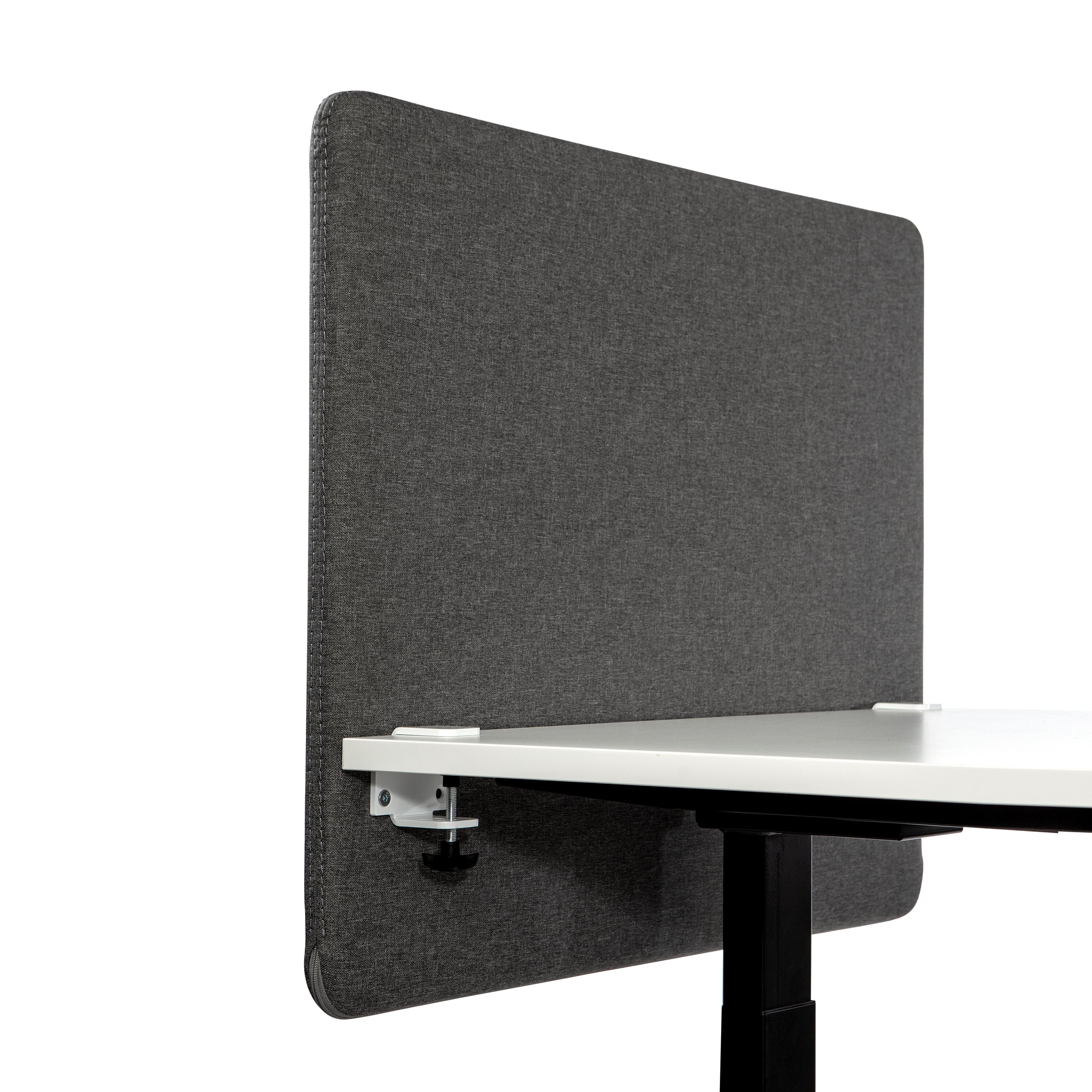 Grey soundproof desk screen 800x650 mm, Savio 09, mounted for privacy and noise reduction in workspace.