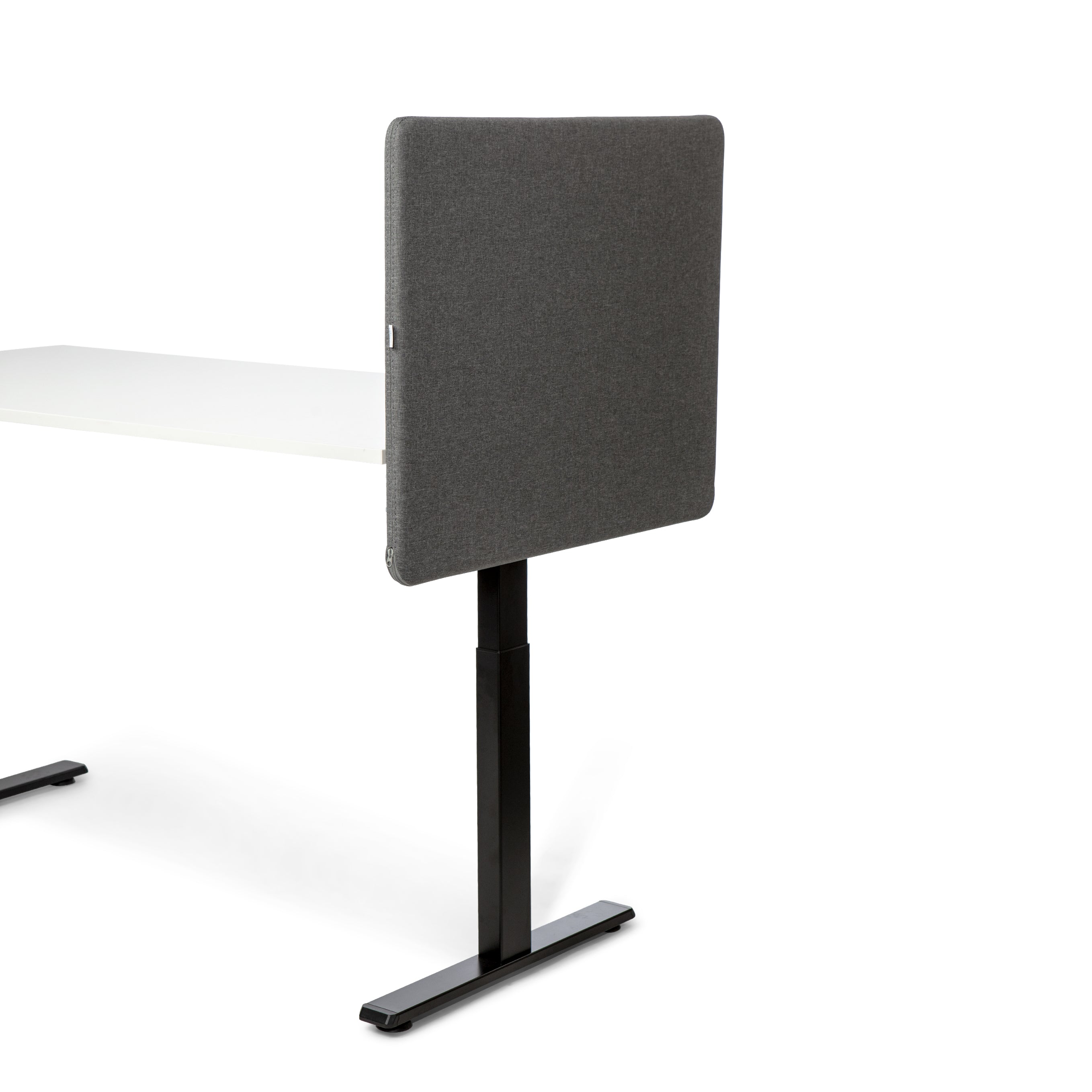 Grey soundproof desk screen Savio 09 mounted on a modern office desk, providing privacy and noise reduction.