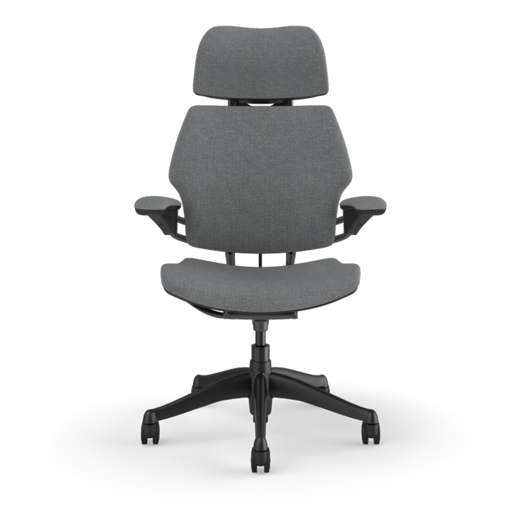 Humanscale Freedom Task Chair in grey Kvadrat fabric with headrest, designed for ergonomic comfort and support.