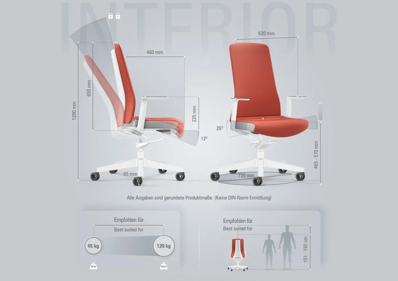 Ergonomic office chair with Smart-Spring technology, featuring padded backrest, red upholstery, and adjustable dimensions for optimal comfort.