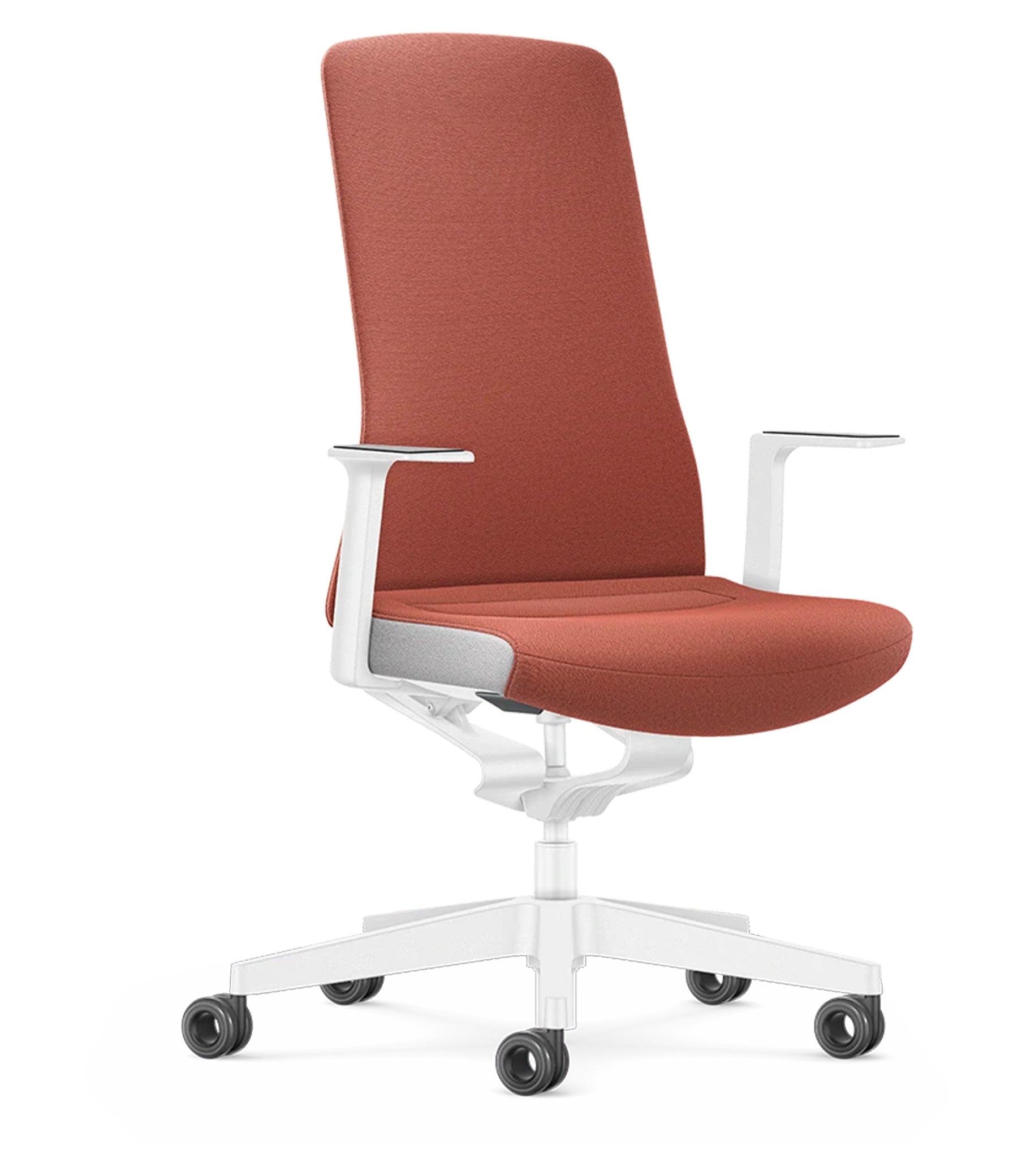 Ergonomic office chair with Smart-Spring technology, padded backrest, rust-colored upholstery, and white base for active seating.