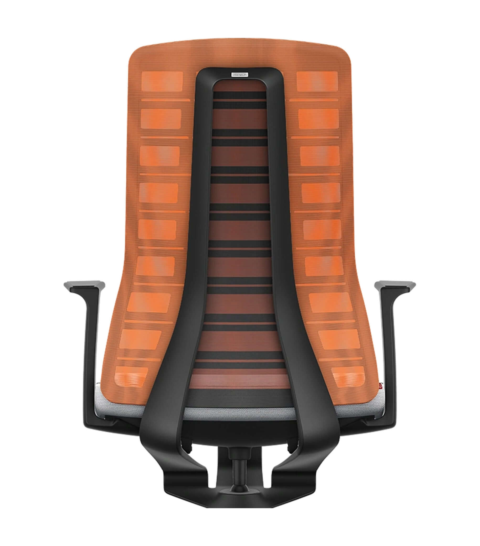 Ergonomic chair with orange mesh back and fixed T-armrests featuring Smart-Spring technology for active seating and enhanced movement.