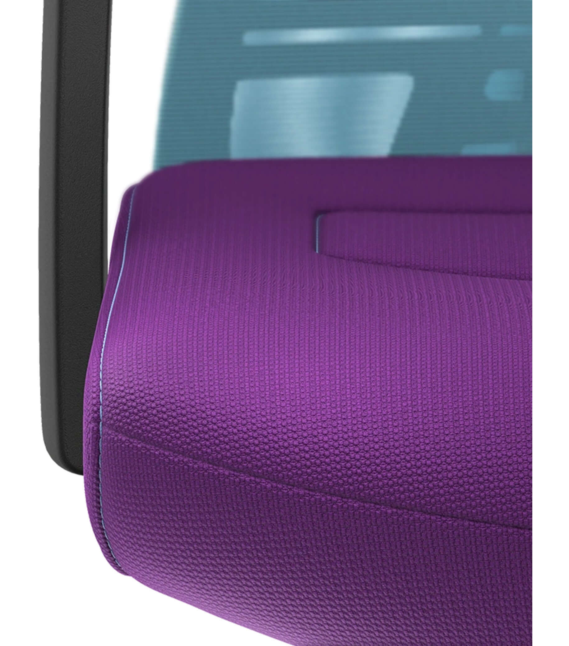 Close-up of PURE ACTIVE Edition #12 chair showing purple seat and light blue mesh back with Smart-Spring technology.