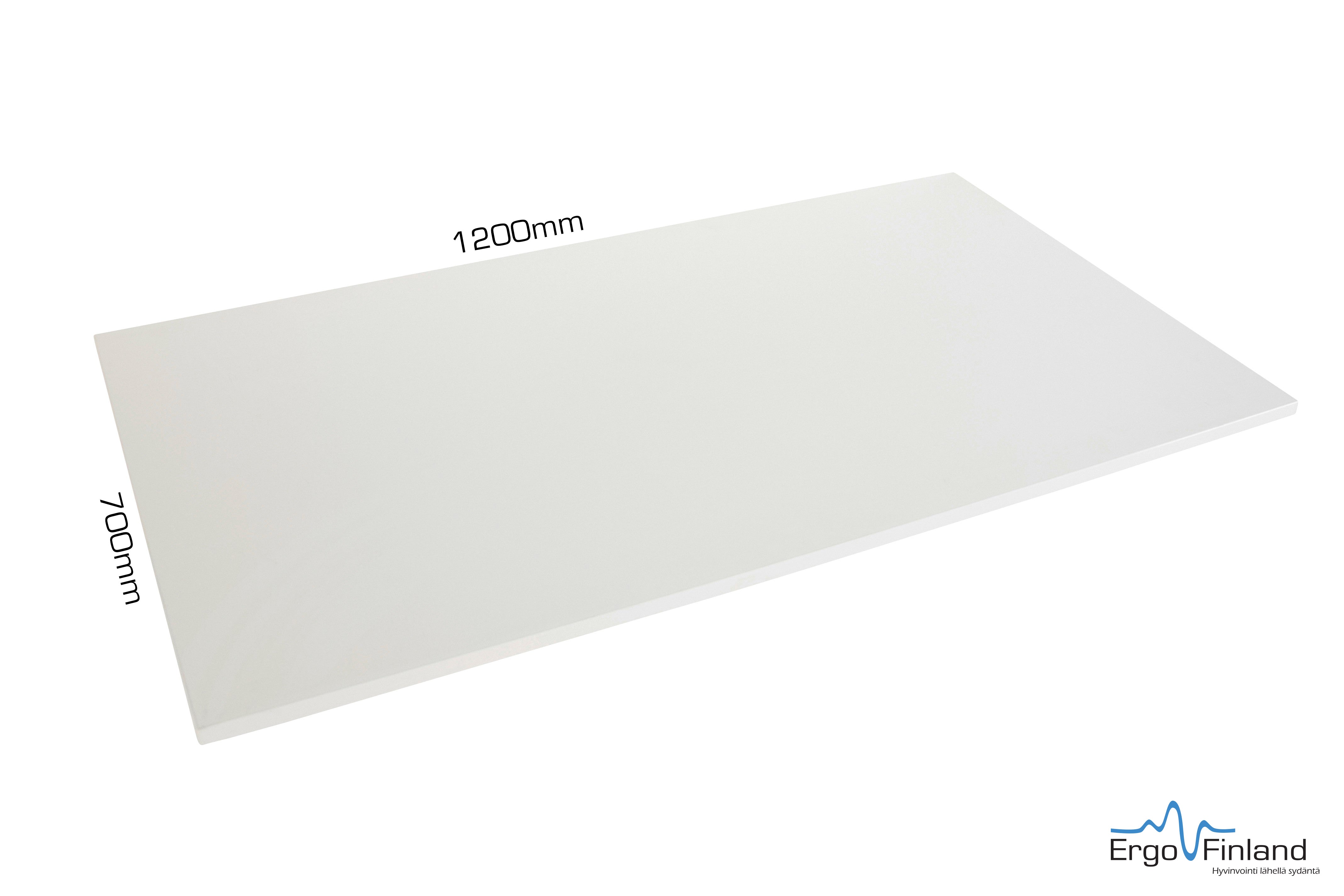 White tabletop 1200x700 mm suitable for electric desk frames, supports heavy loads, attach monitor arms with ease, no pre-drilled holes.