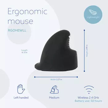 Ergonomic wireless R-Go HE Mouse for left-hand use, medium size, reduces wrist strain.