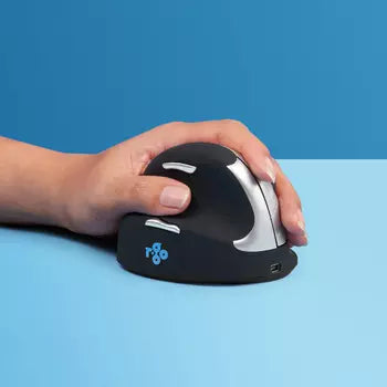 User holding R-Go HE Mouse, vertical ergonomic design, reduces wrist strain, wireless medium left-handed model.