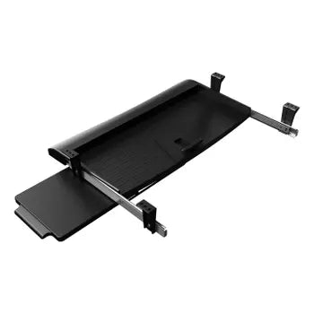 Ergonomic keyboard pull-out tray with adjustable mouse pad for efficient desk space usage and comfort.