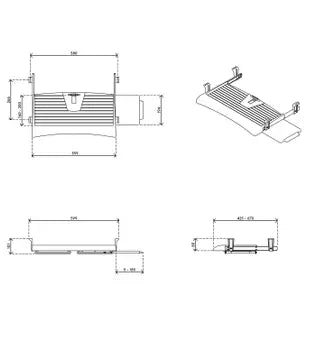 Technical diagram of ergonomic keyboard pull-out tray with integrated mouse pad, showing internal dimensions and sliding mechanism.