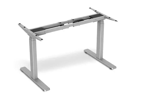 Grey GetUpDesk Duo electric frame with adjustable legs for ergonomic workstations, featuring dual quiet mechanisms for easy height adjustment.