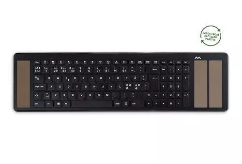 Ergonomic Type keyboard with built-in solar panels, height adjustment, made from recycled plastic, ideal for Mousetrapper mouse controller.