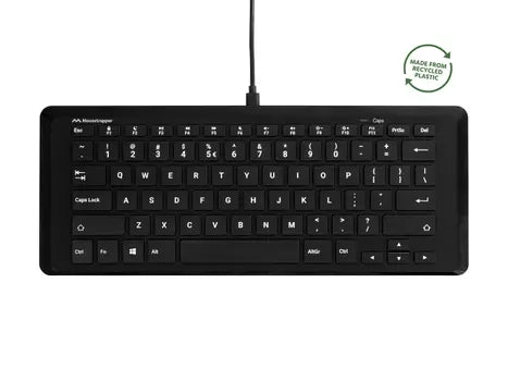 Compact Type Mini keyboard made from recycled plastic, featuring a sleek black design and ergonomic key layout.