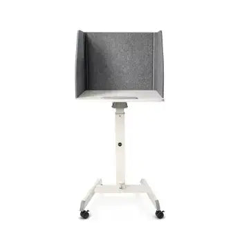 Foldable grey table screen with sound-absorbing fabric on wheels for efficient open-space work environments.