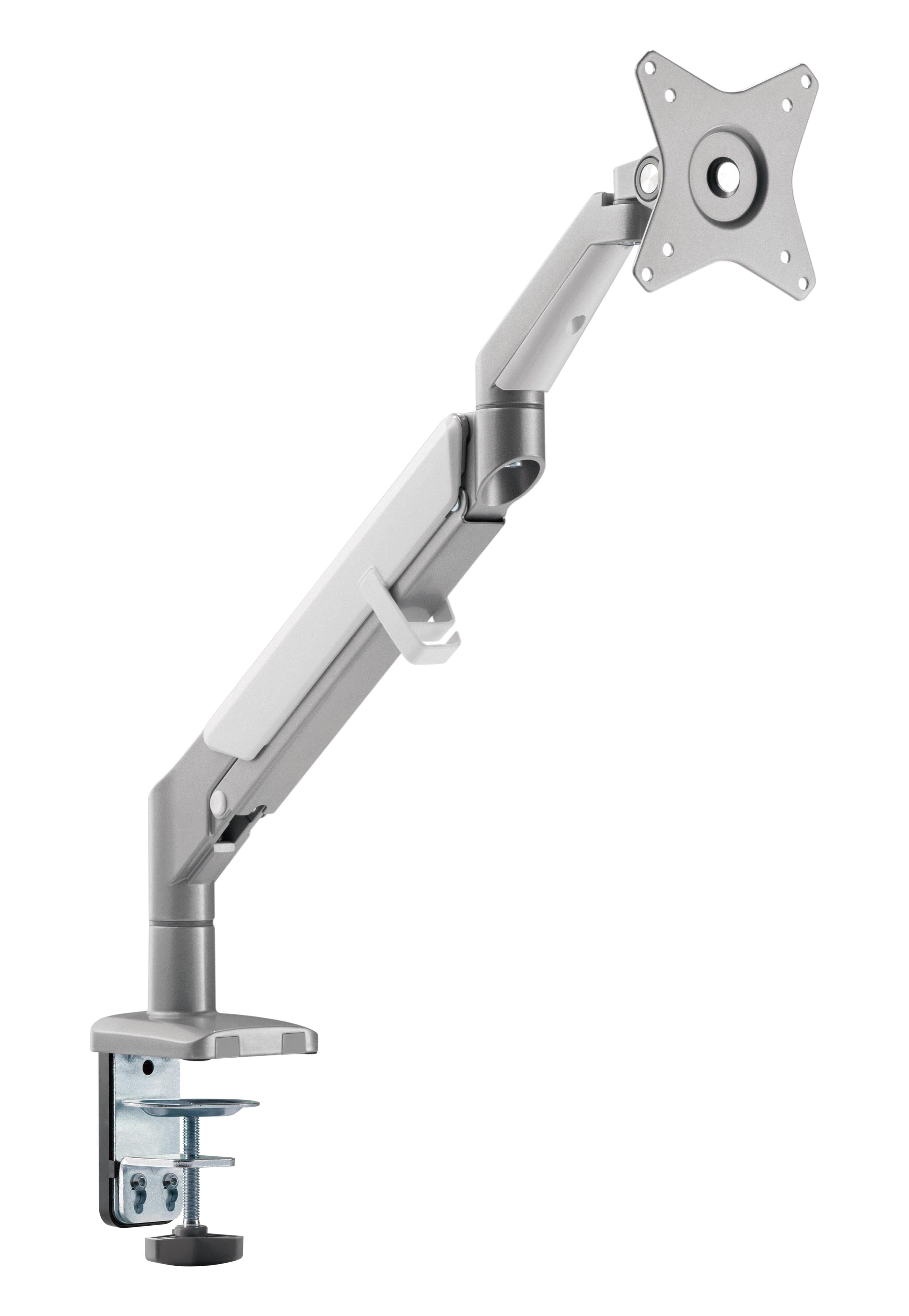 Silver LCD monitor arm with gas spring by ErgoFinland, three-joint design for adjustable positioning in landscape and portrait.