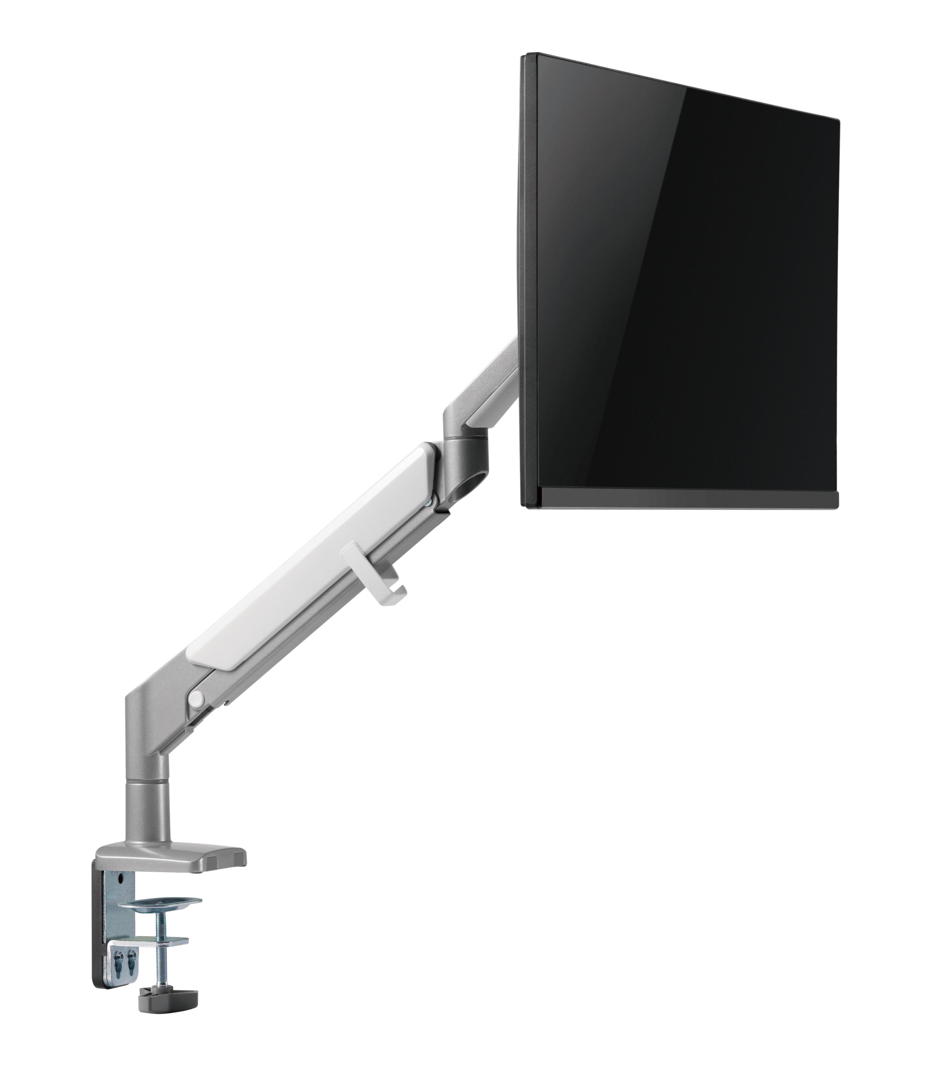 Silver LCD monitor arm with gas spring, featuring adjustable design by ErgoFinland for ergonomic workspace optimization.