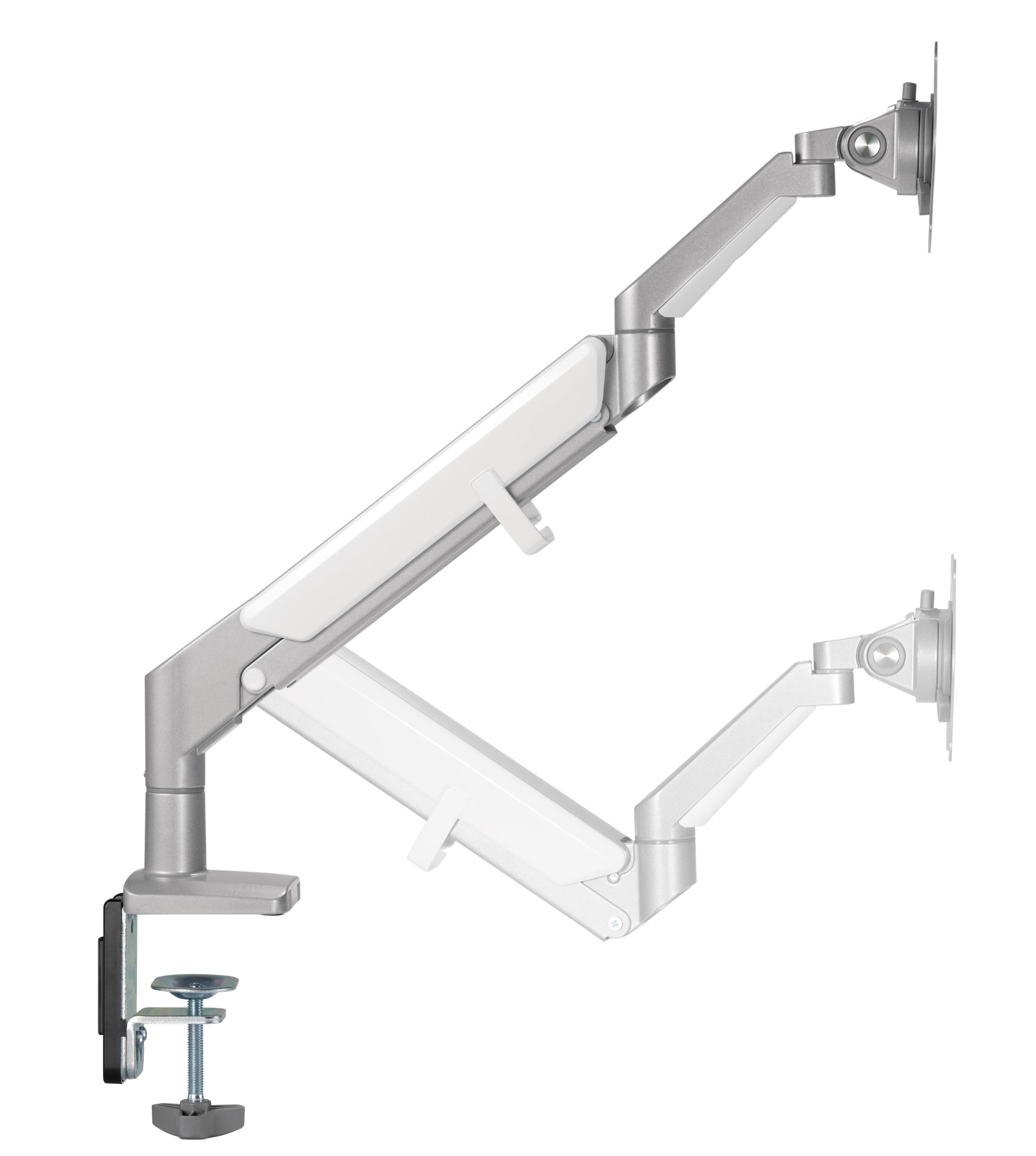 Silver LCD monitor arm with gas spring and three-joint design for ergonomic workspace by ErgoFinland.